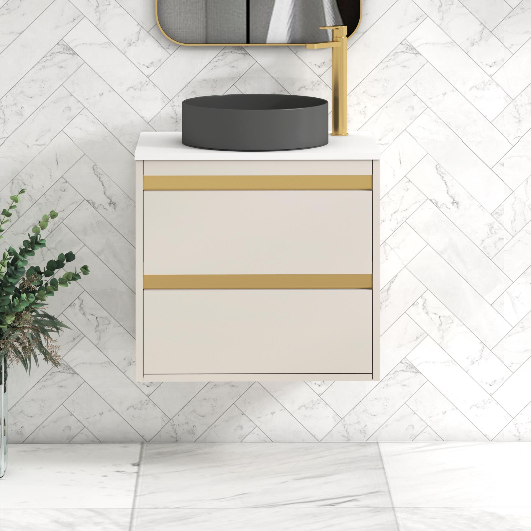 Orion 2 Drawer Warm Taupe Wall Hung Vanity Unit with Plain White Top & Countertop Basin | Brushed Brass Accent Trim