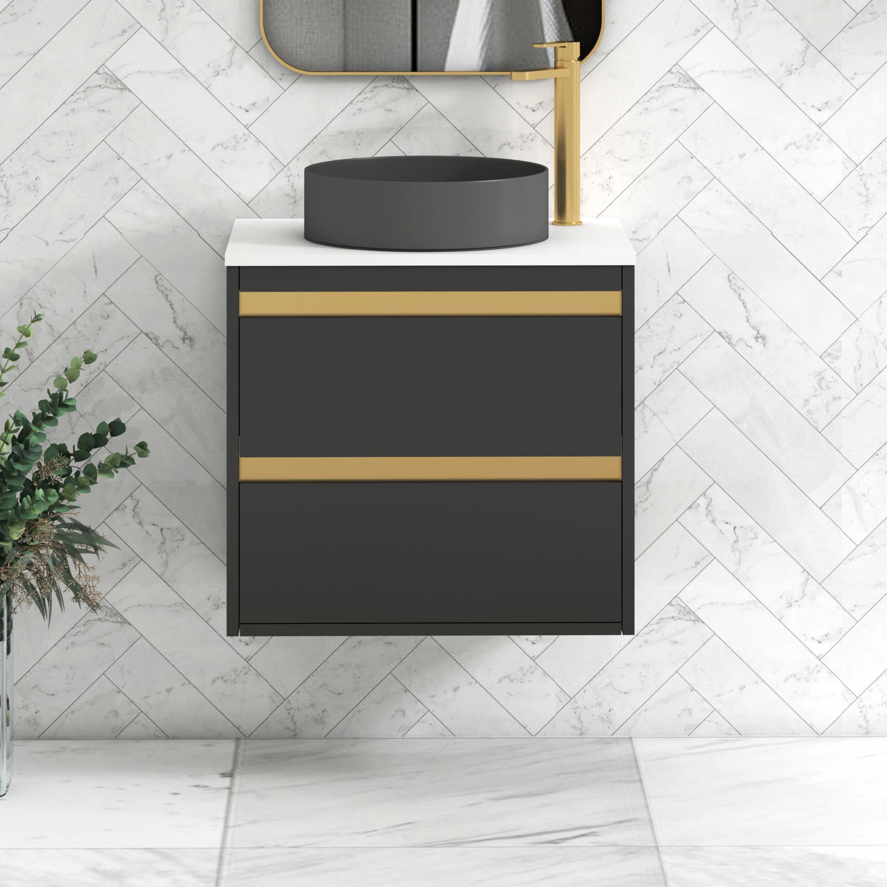 Orion 2 Drawer Matt Obsidian Black Wall Hung Vanity Unit with Plain White Top & Countertop Basin | Brushed Brass Accent Trim