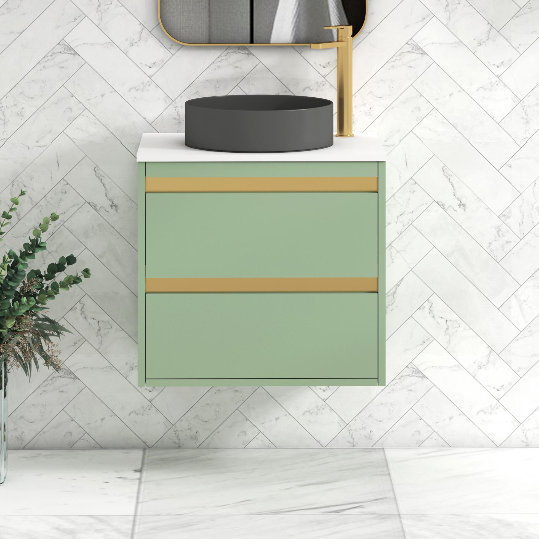 Orion 2 Drawer Mint Sage Wall Hung Vanity Unit with Plain White Top & Countertop Basin | Brushed Brass Accent Trim
