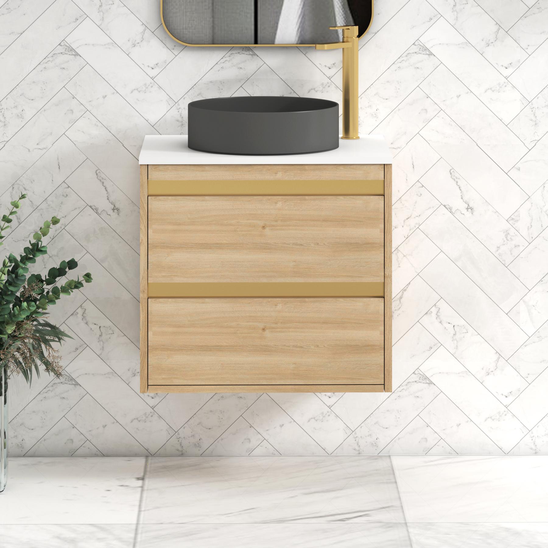 Orion 2 Drawer Natural Oak Wall Hung Vanity Unit with Plain White Top & Countertop Basin | Brushed Brass Accent Trim