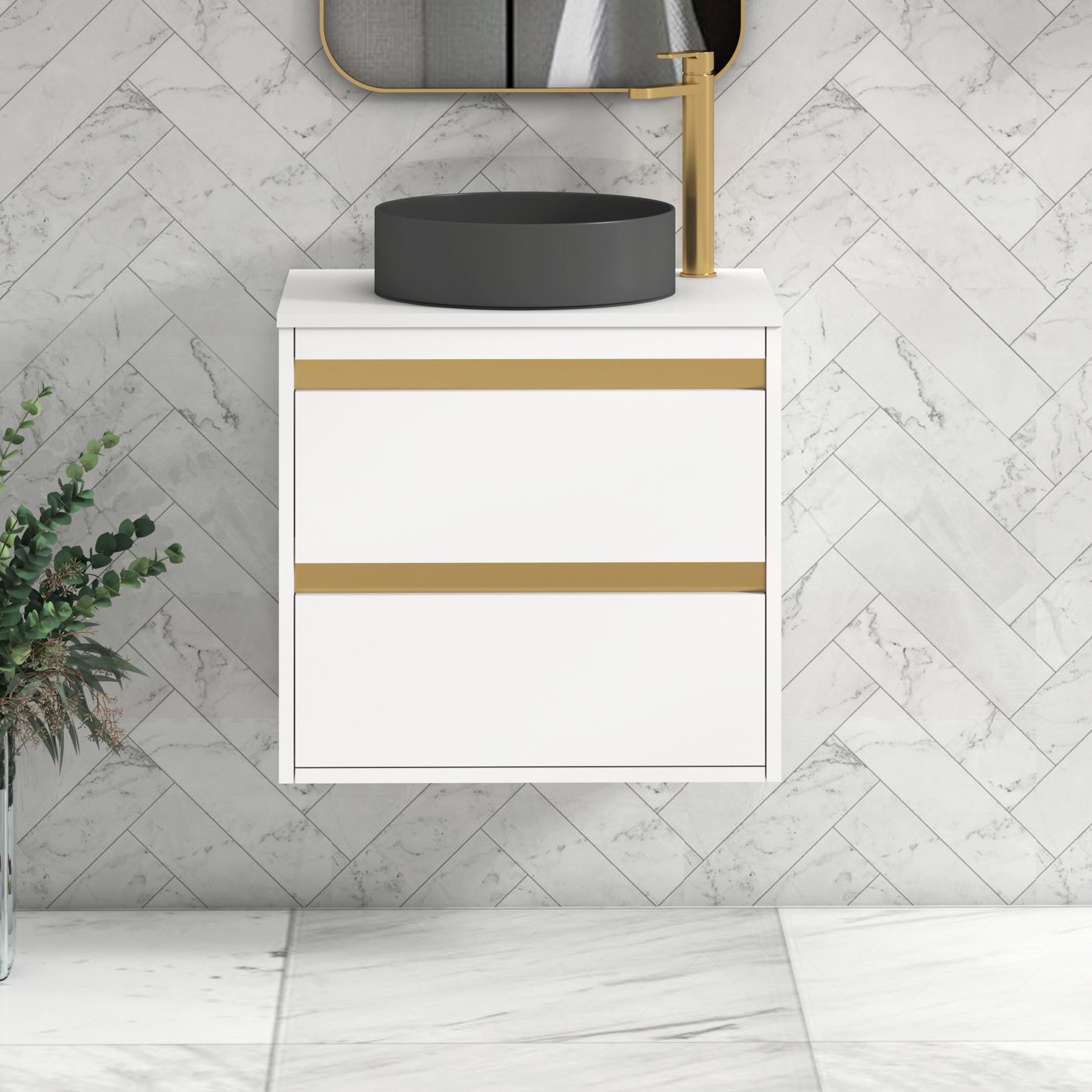 Orion 2 Drawer Matt White Wall Hung Vanity Unit with Plain White Top & Countertop Basin | Brushed Brass Accent Trim