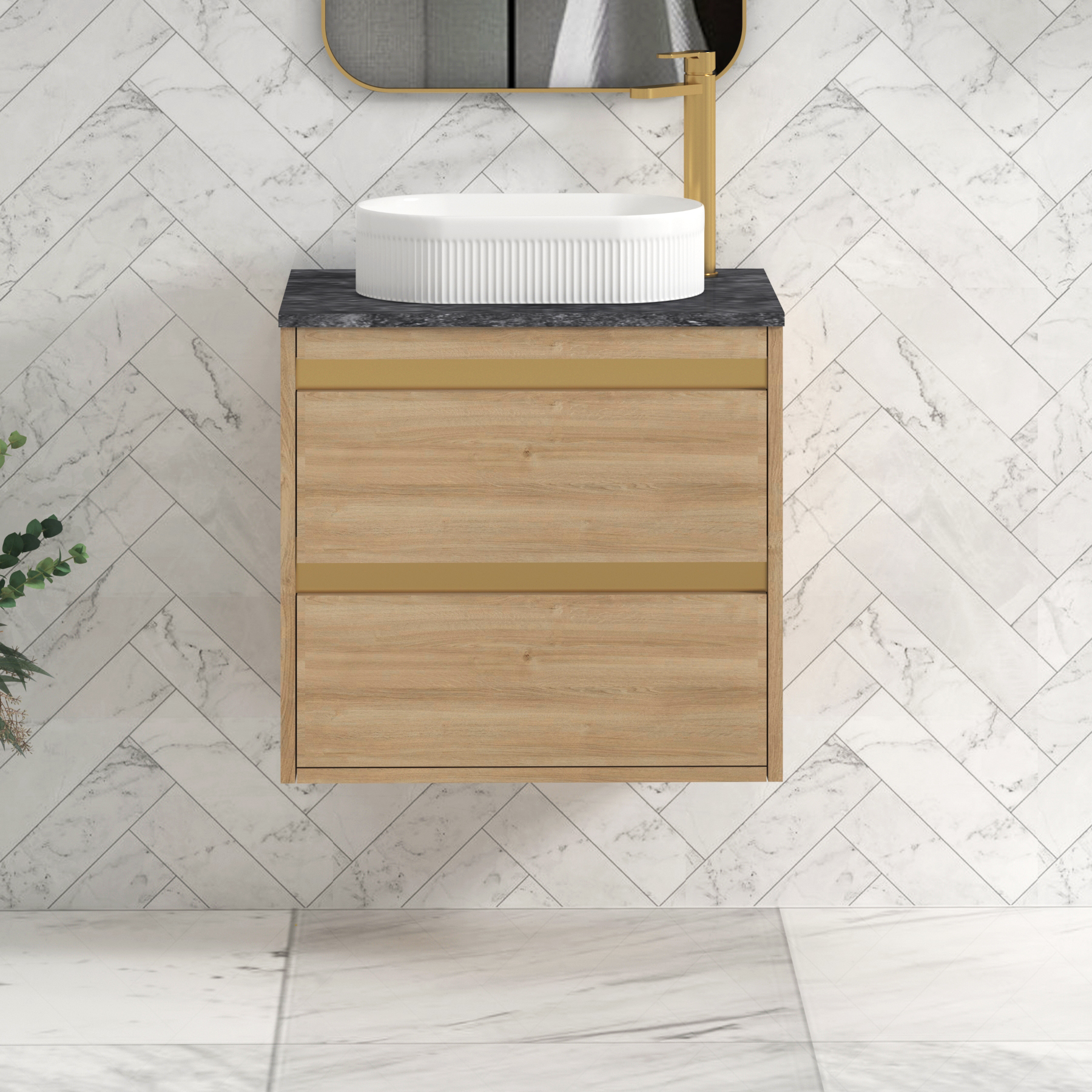 Orion 800mm Oak Wall Hung Countertop Vanity Unit 2 Drawer with Lyon Basin & Brushed Brass Strip - Black Star