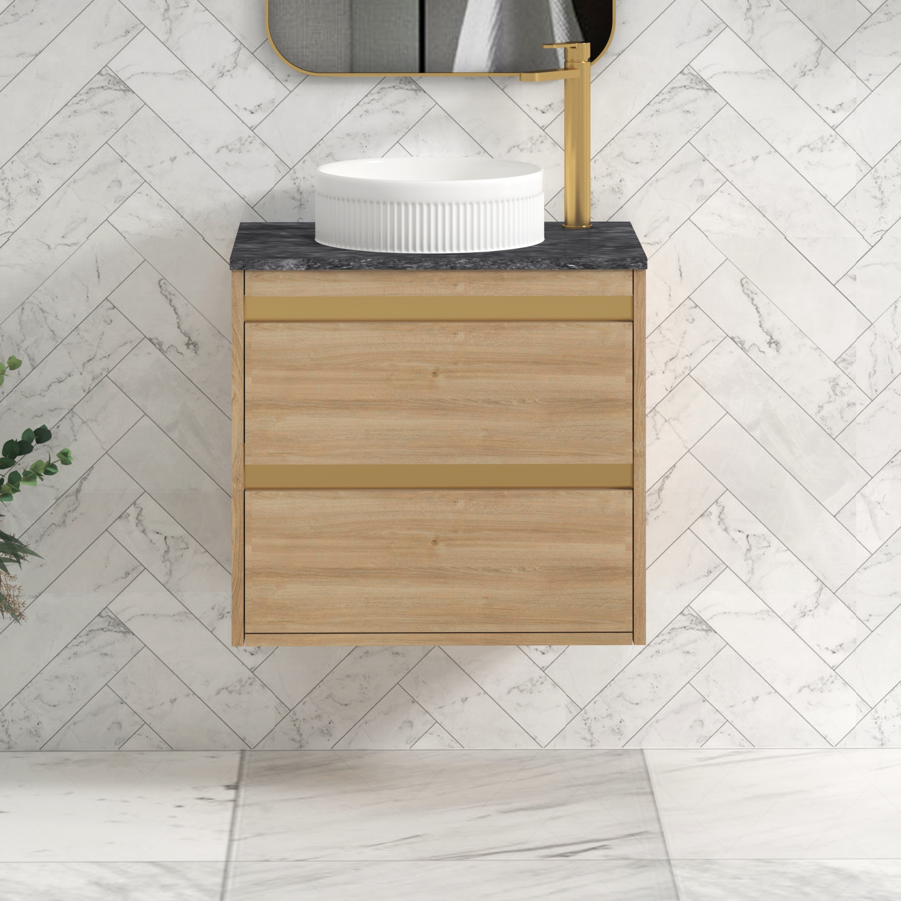 Orion 800mm Oak Wall Hung Countertop Vanity Unit 2 Drawer with Round Basin & Brushed Brass Strip - Black Star