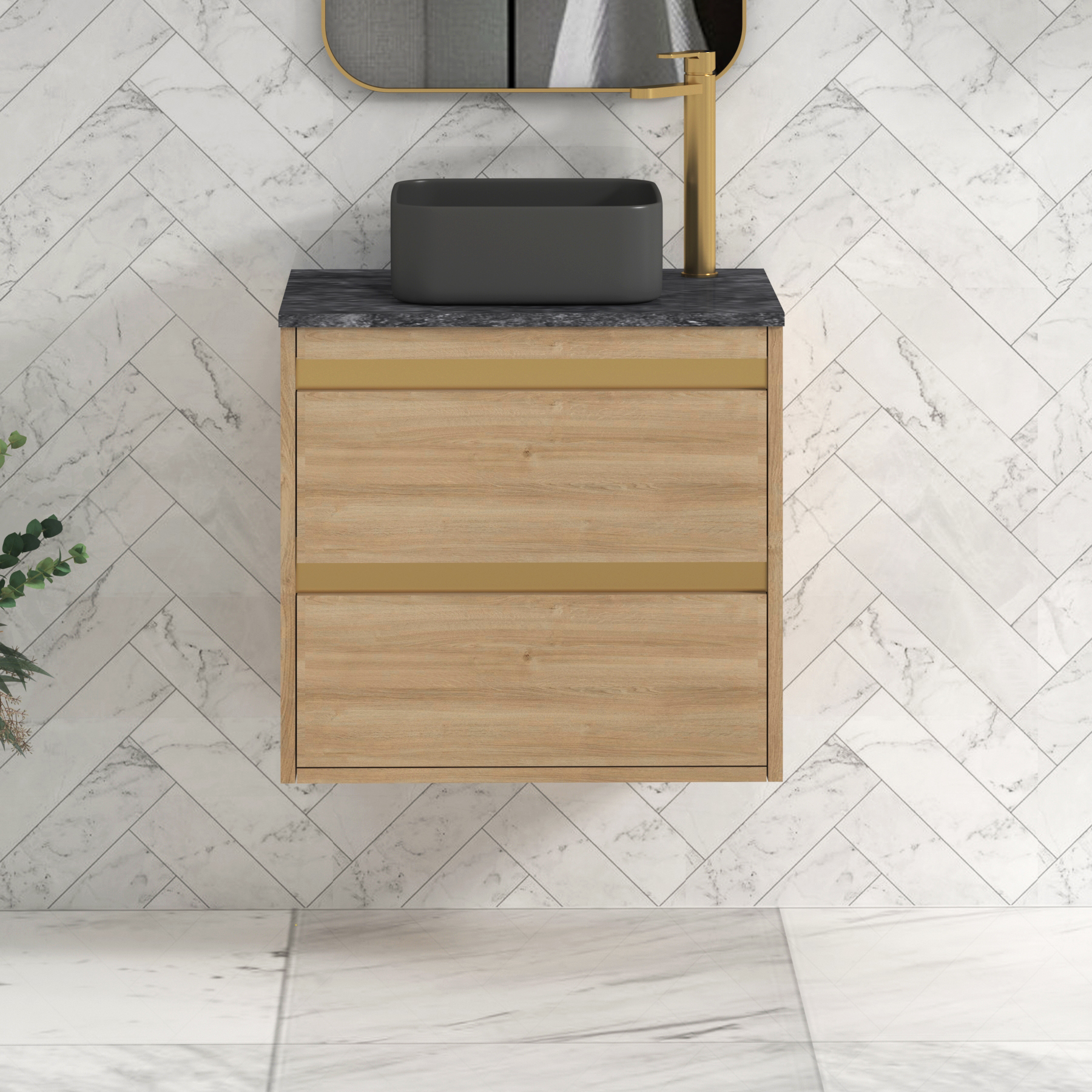Orion 800mm Oak Wall Hung Countertop Vanity Unit 2 Drawer with Art Square Basin & Brushed Brass Strip - Black Star