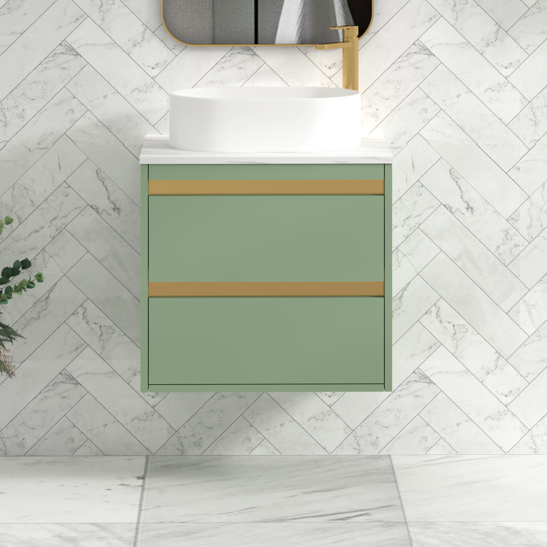 Orion 800mm Mint Green Wall Hung Countertop Vanity Unit 2 Drawer with Peak Basin & Brushed Brass Strip