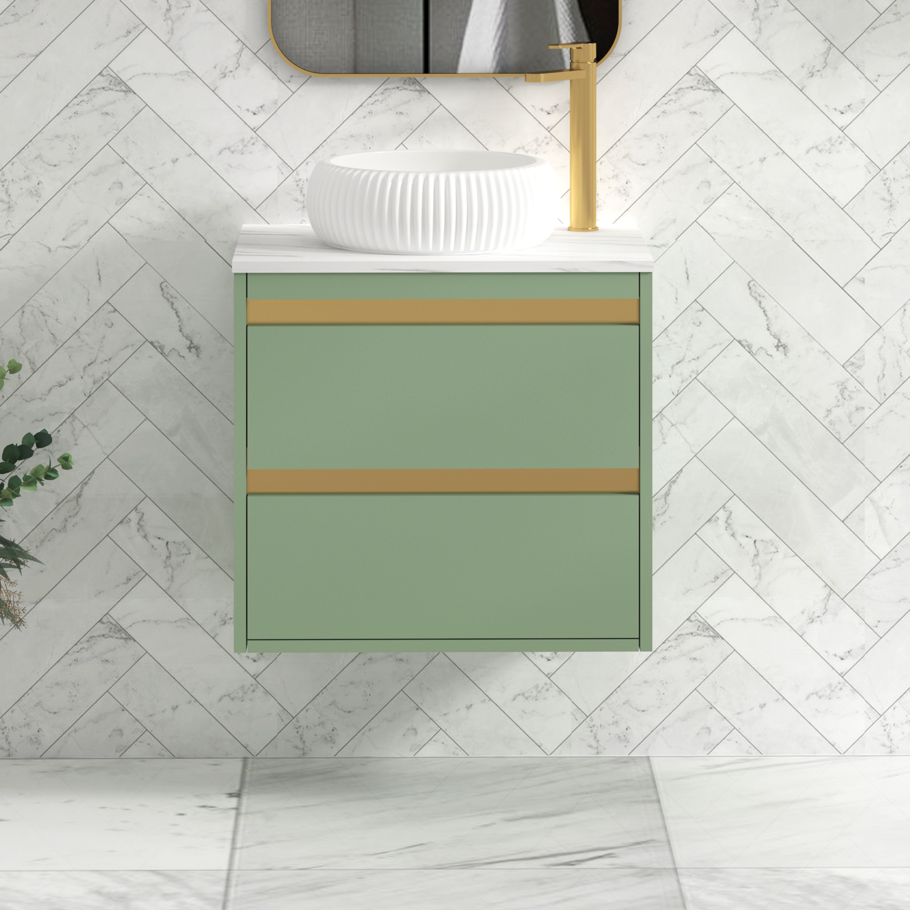 Orion 800mm Mint Green Wall Hung Countertop Vanity Unit 2 Drawer with Milan Basin & Brushed Brass Strip