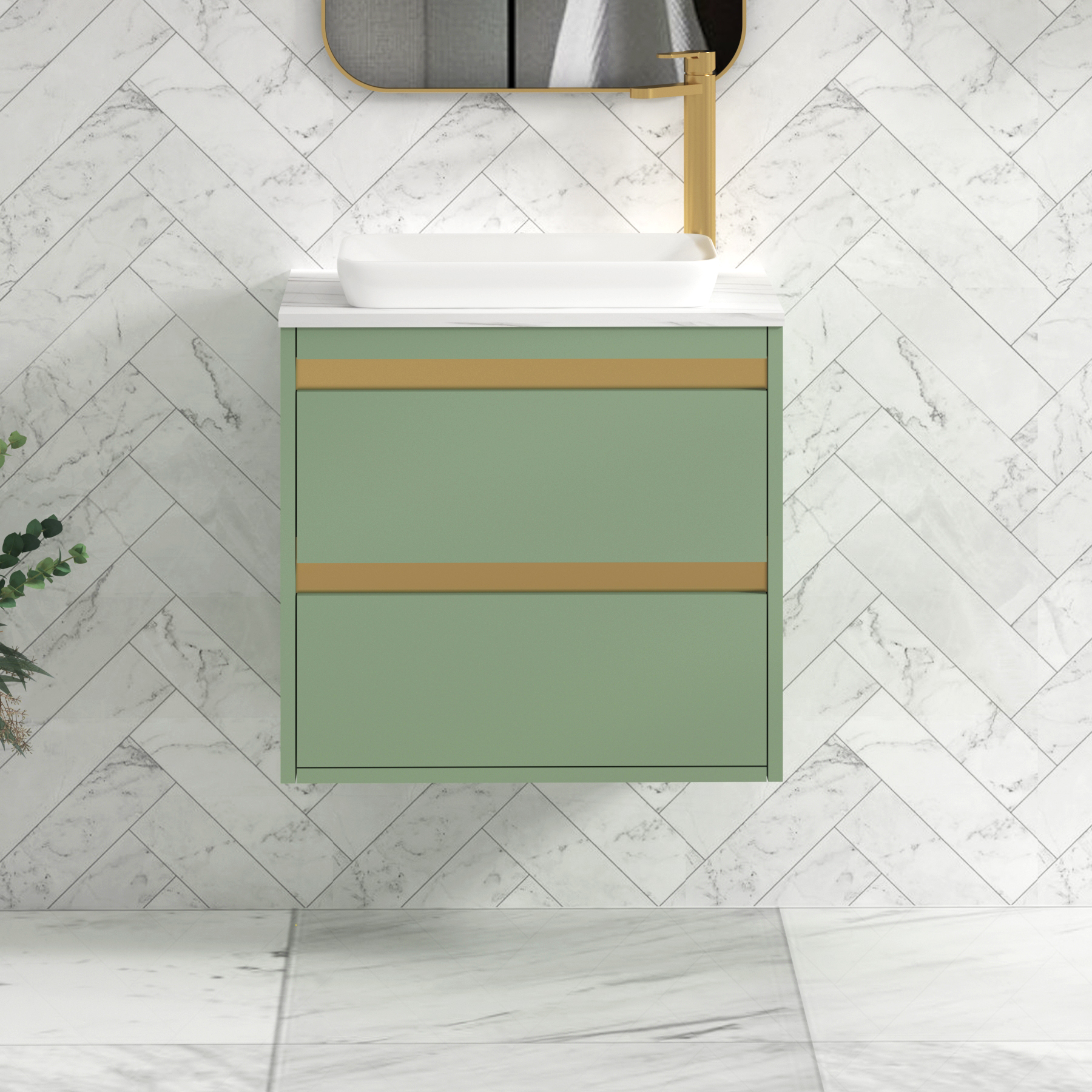 Orion 800mm Mint Green Wall Hung Countertop Vanity Unit 2 Drawer with Qubix Basin & Brushed Brass Strip