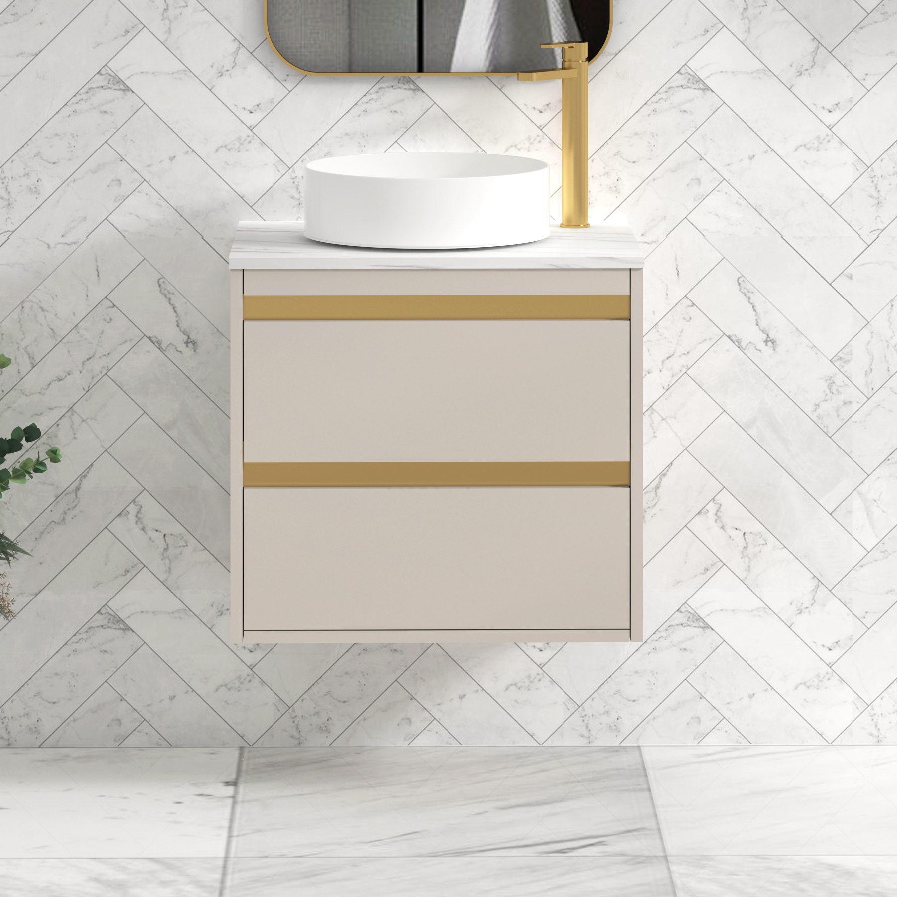 Orion 800mm Beige Wall Hung Vanity Unit 2 Drawer with Carrara White Undrilled Worktop & Brushed Brass Strip