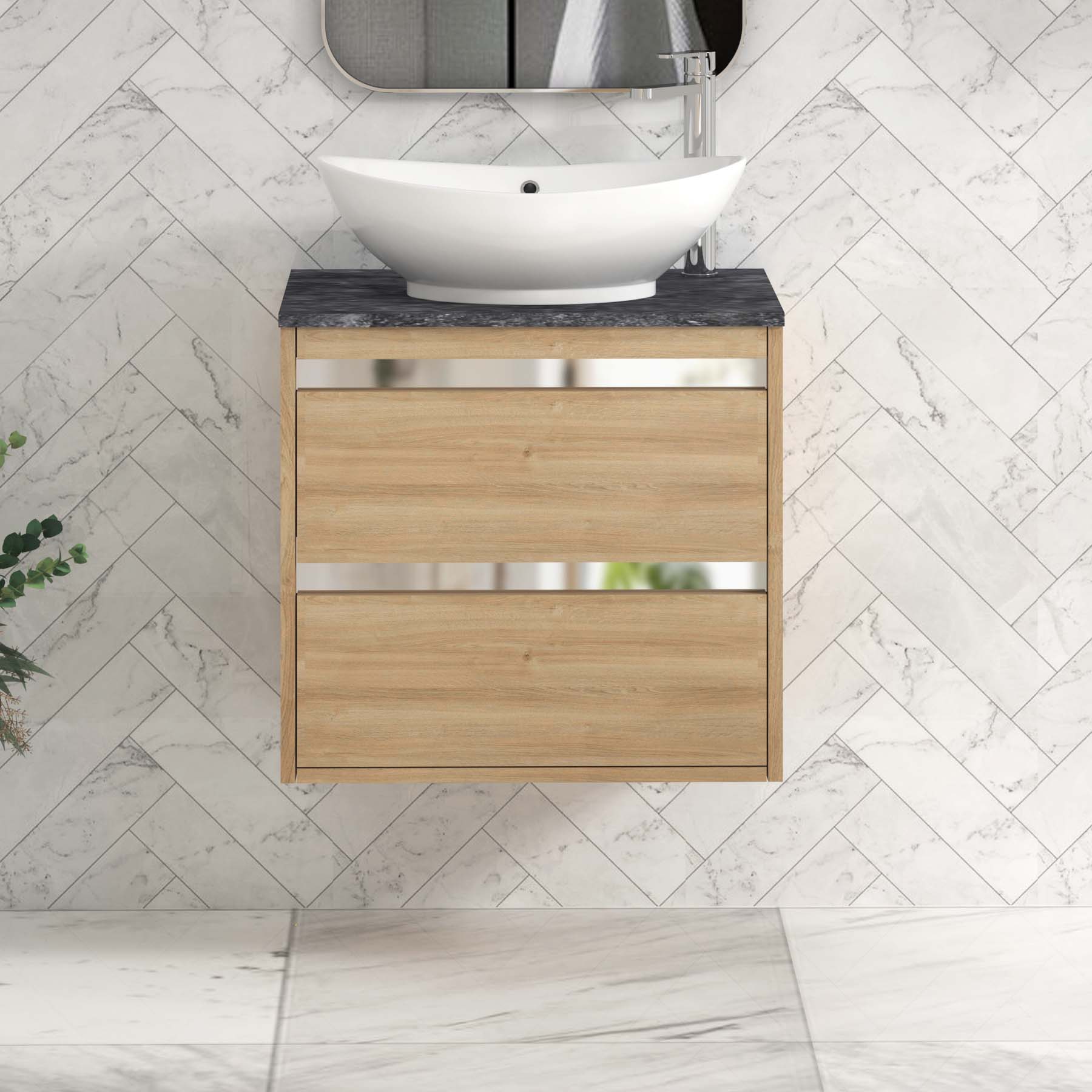 Orion 600mm Oak Wall Hung Countertop Vanity Unit 2 Drawer with Amaze Basin & Chrome Strip - Black Star