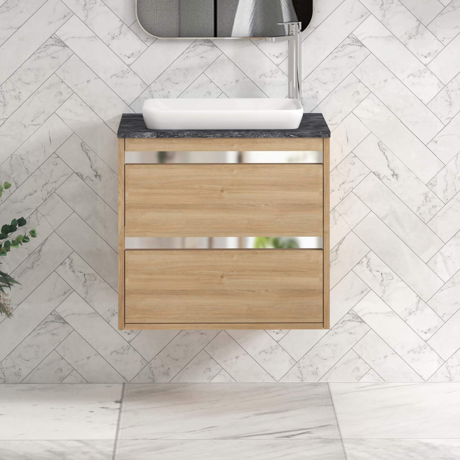 Orion 600mm Oak Wall Hung Countertop Vanity Unit 2 Drawer with Qubix Basin & Chrome Strip - Black Star