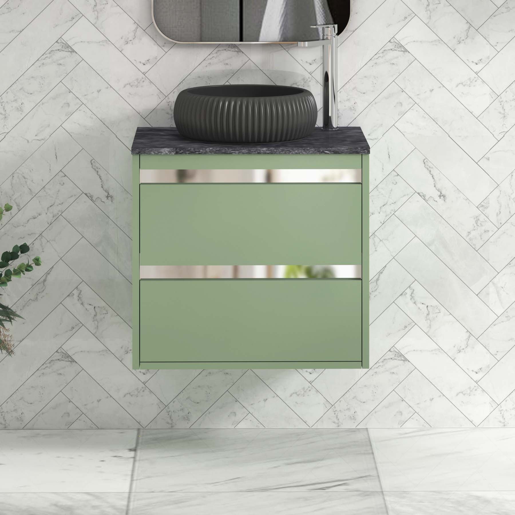 Orion 600mm Mint Green Wall Hung Countertop Vanity Unit 2 Drawer with Milan Black Basin & Chrome Strip - Black Star