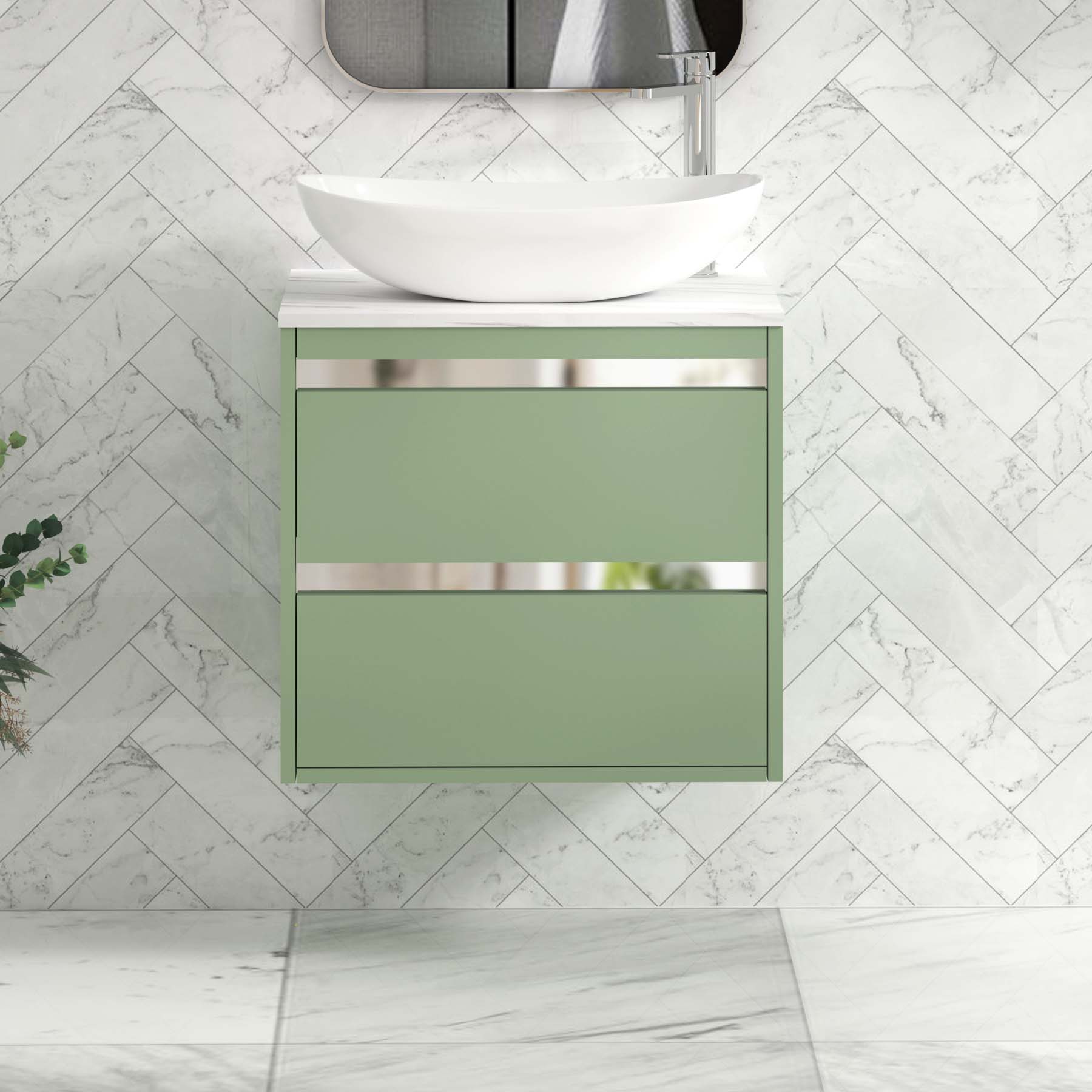 Orion 2 Drawer Mint Sage Wall Hung Vanity Unit with Carrara White Top & Countertop Basin 