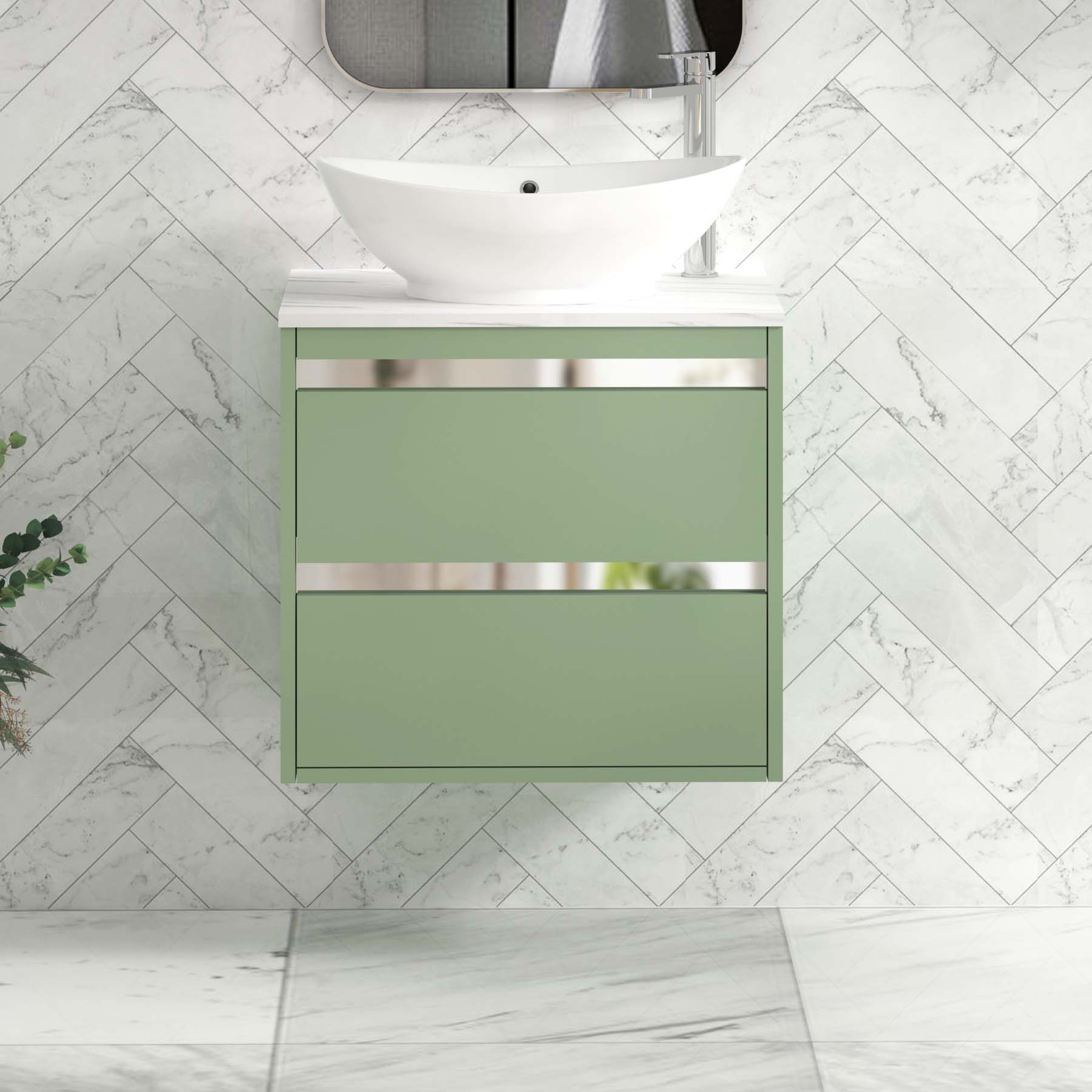 Orion 2 Drawer Mint Sage Wall Hung Vanity Unit with Carrara White Top & Countertop Basin 