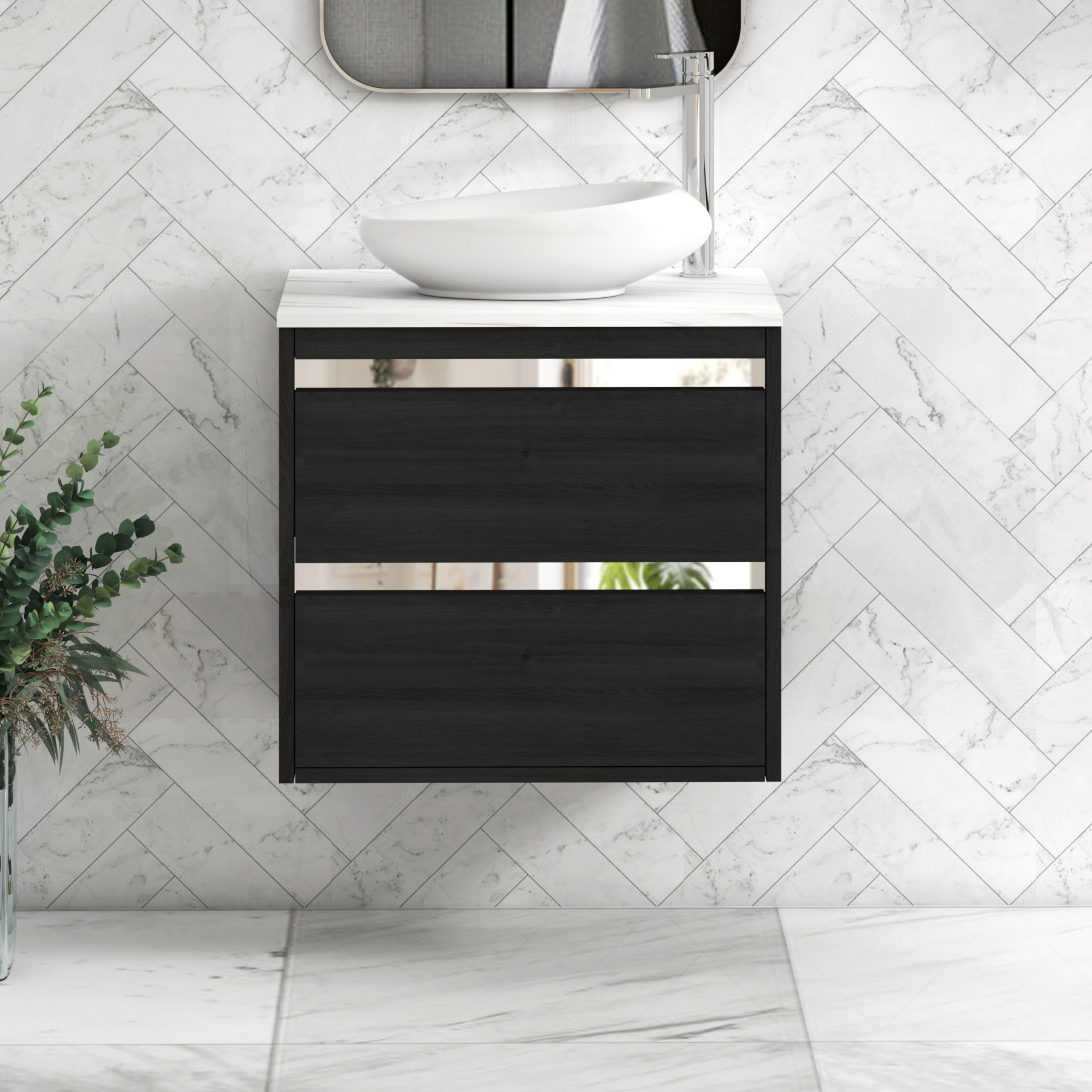 Orion 2 Drawer Hale Black Wall Hung Vanity Unit with Carrara White Top & Countertop Basin | Chrome Accent Trim