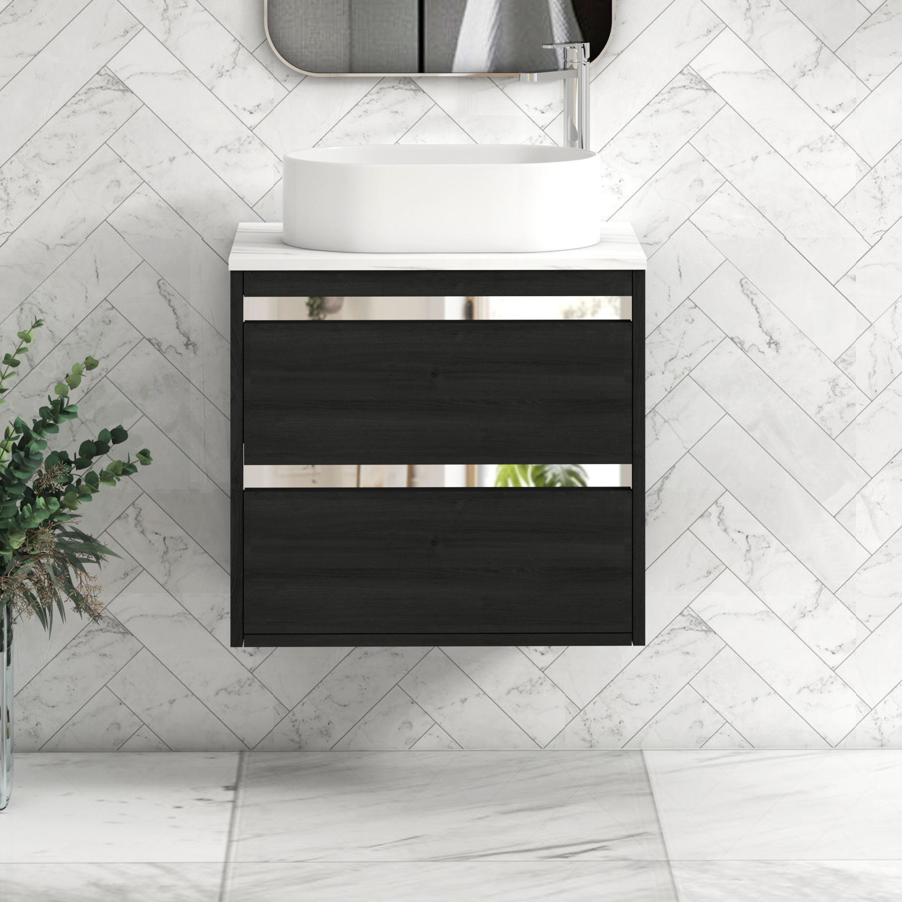 Orion 2 Drawer Hale Black Wall Hung Vanity Unit with Carrara White Top & Countertop Basin | Chrome Accent Trim
