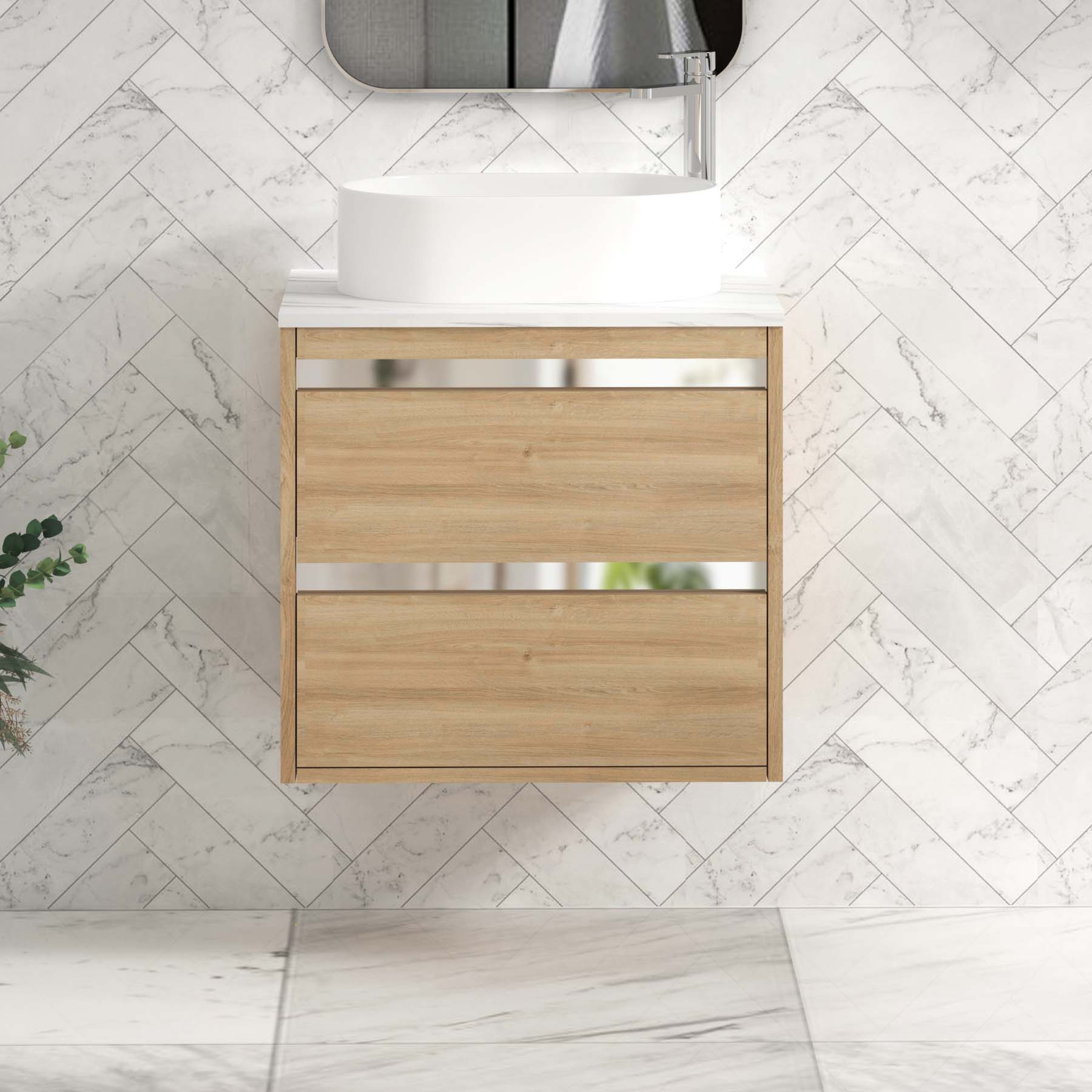 Orion 600mm Natural Oak Wall Hung Countertop Vanity Unit 2 Drawer with Peak Basin & Chrome Accent Trim
