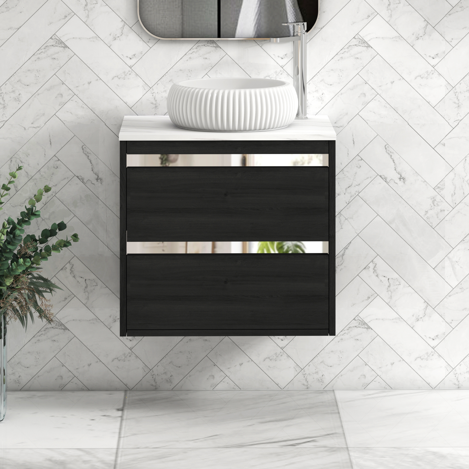 Orion 2 Drawer Hale Black Wall Hung Vanity Unit with Carrara White Top & Countertop Basin | Chrome Accent Trim