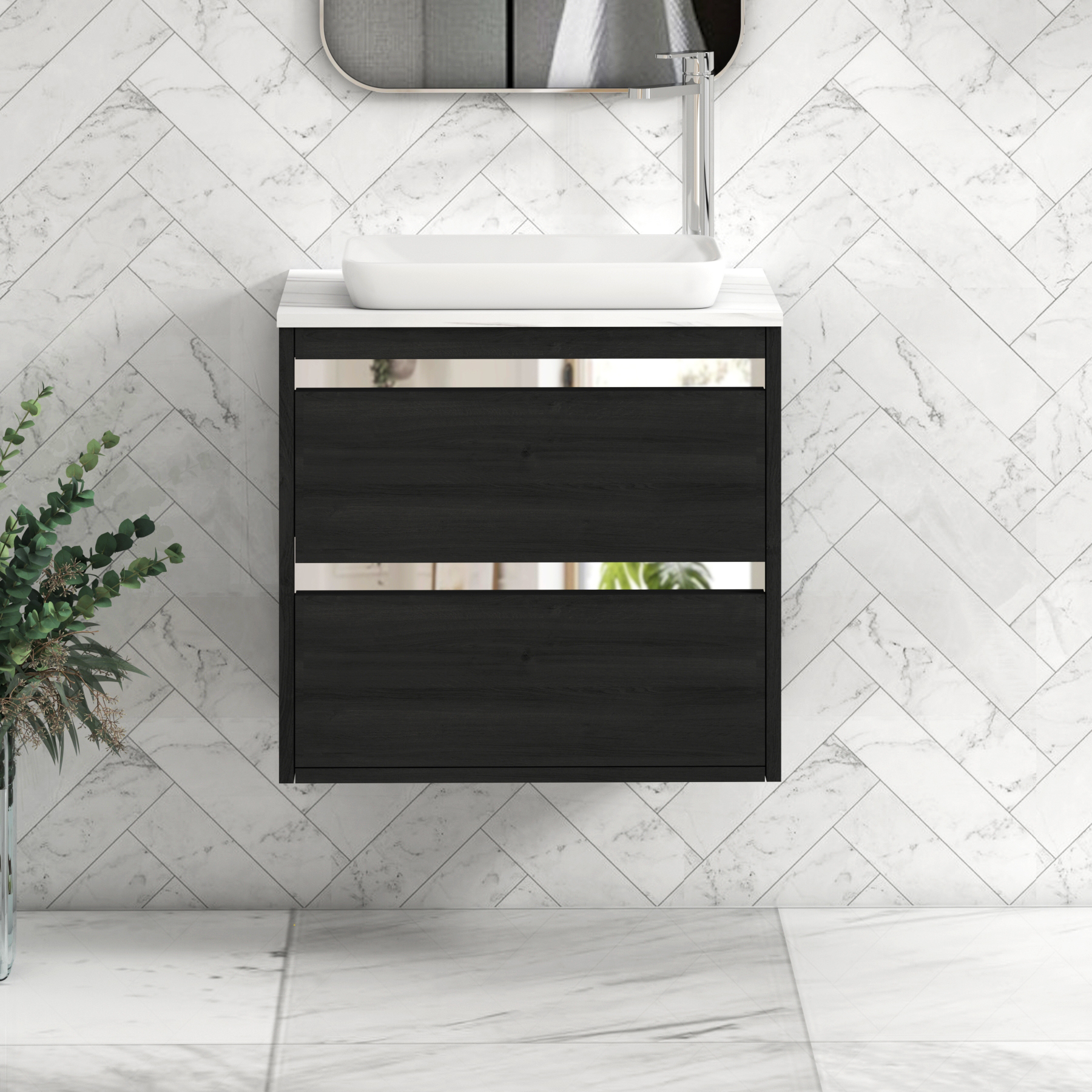 Orion 2 Drawer Hale Black Wall Hung Vanity Unit with Carrara White Top & Countertop Basin | Chrome Accent Trim