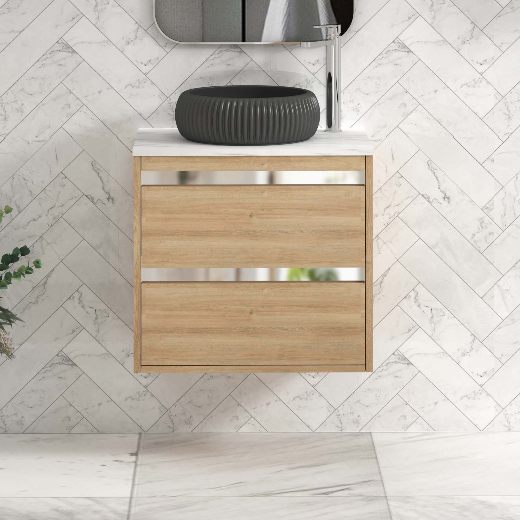 Orion 600mm Oak Wall Hung Countertop Vanity Unit 2 Drawer with Milan Black Basin & Chrome Strip