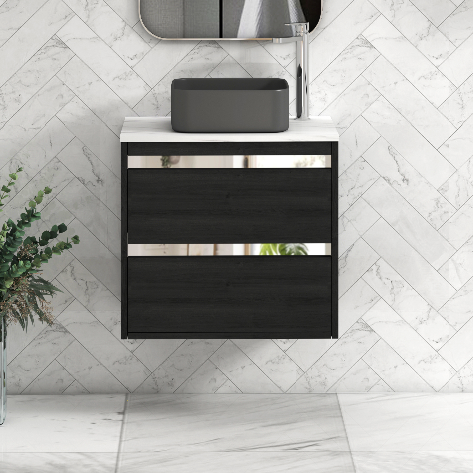 Orion 2 Drawer Hale Black Wall Hung Vanity Unit with Carrara White Top & Countertop Basin | Chrome Accent Trim