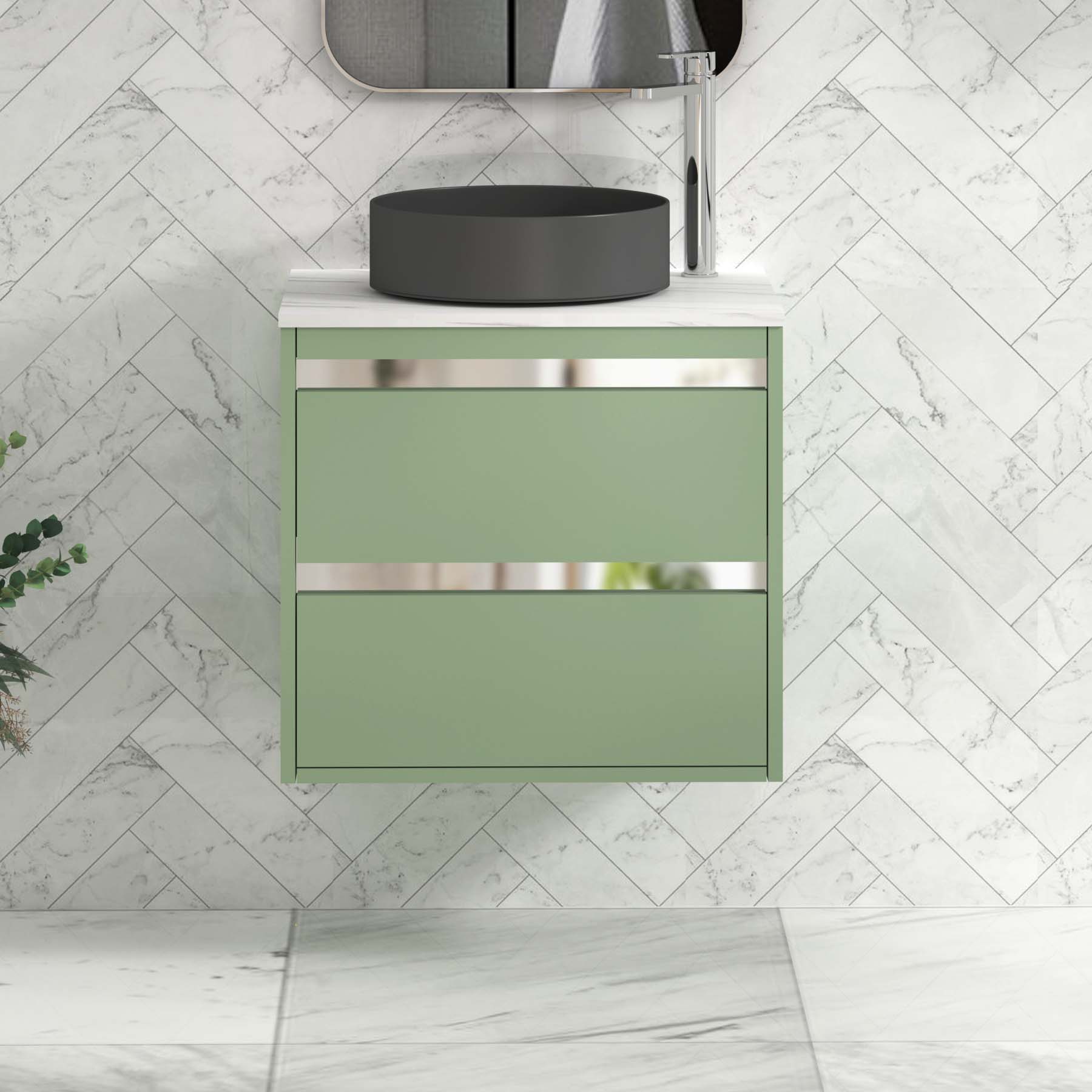 Orion 600mm Mint Green Wall Hung Countertop Vanity Unit 2 Drawer with Art Round Basin & Chrome Strip