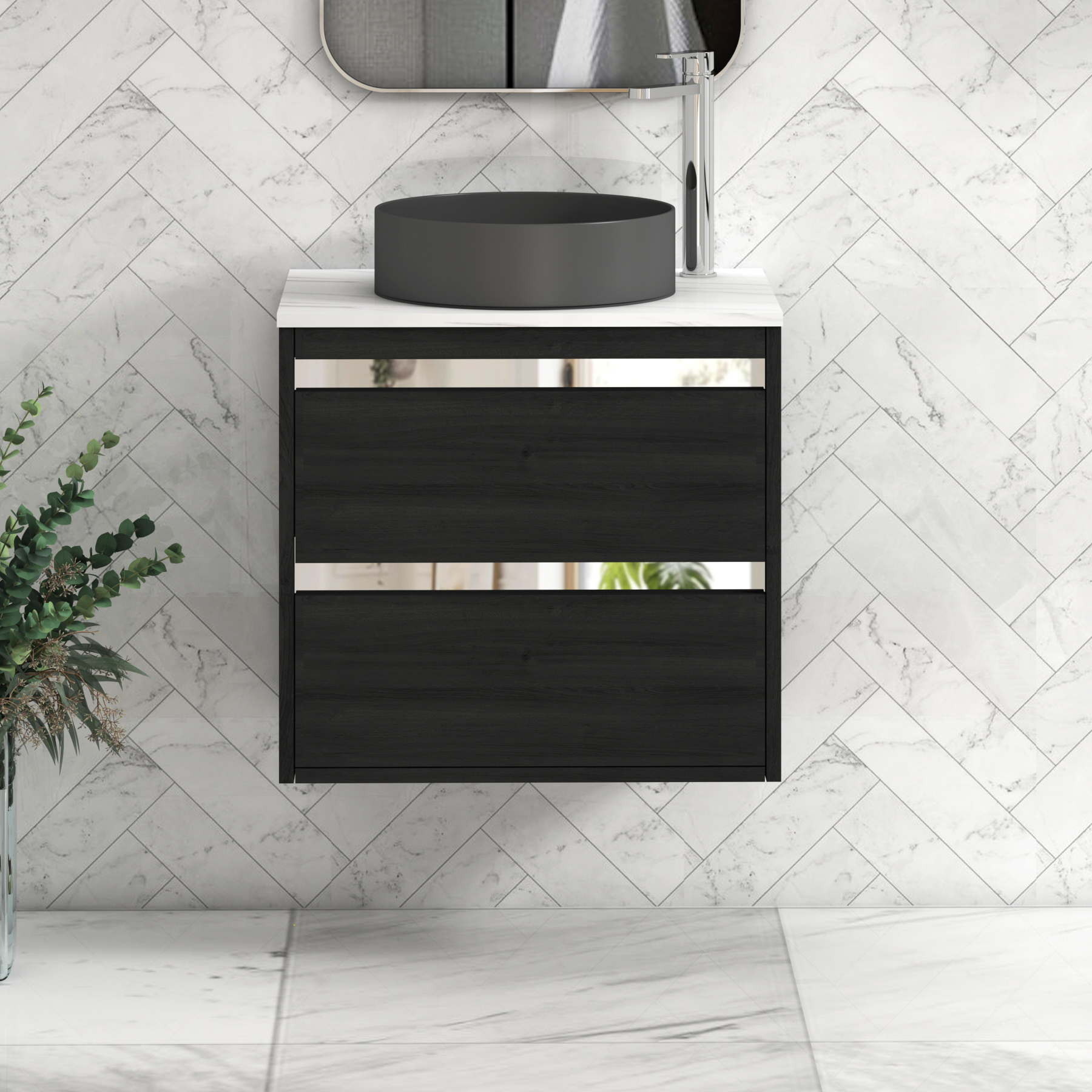 Orion 2 Drawer Hale Black Wall Hung Vanity Unit with Carrara White Top & Countertop Basin | Chrome Accent Trim