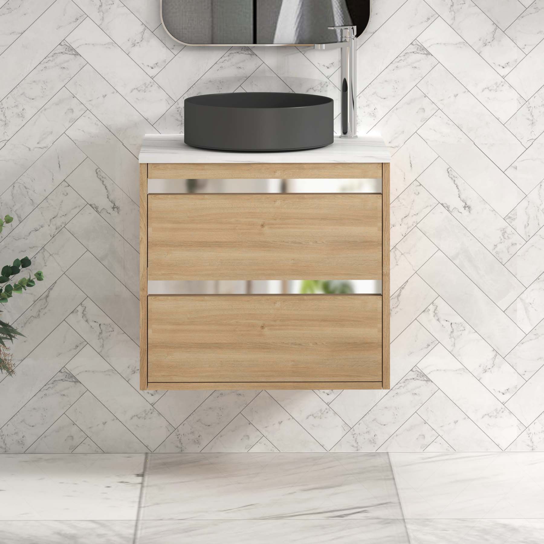 Orion 600mm Oak Wall Hung Countertop Vanity Unit 2 Drawer with Art Round Basin & Chrome Strip