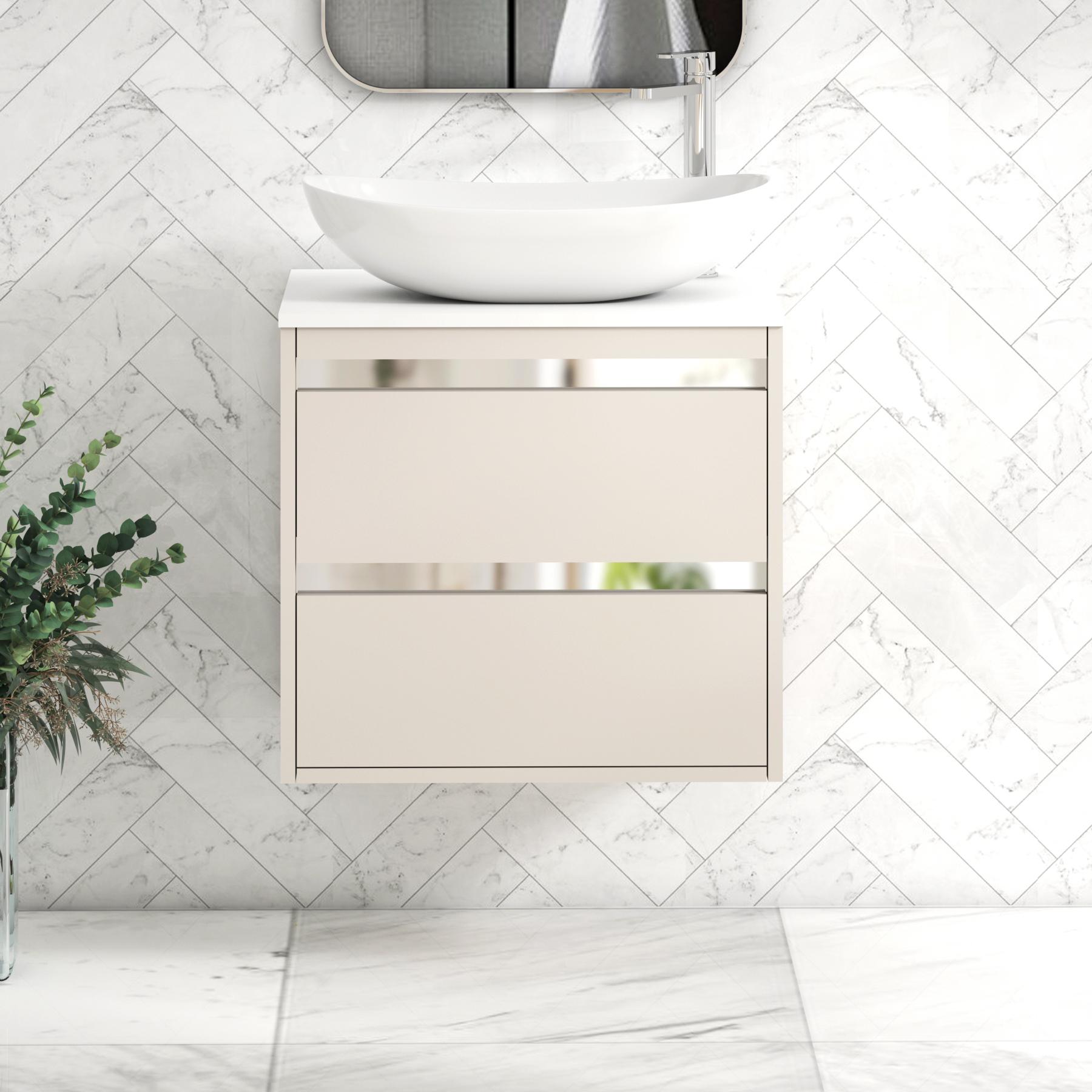 Orion 2 Drawer Warm Taupe Wall Hung Vanity Unit with Plain White Top & Countertop Basin 