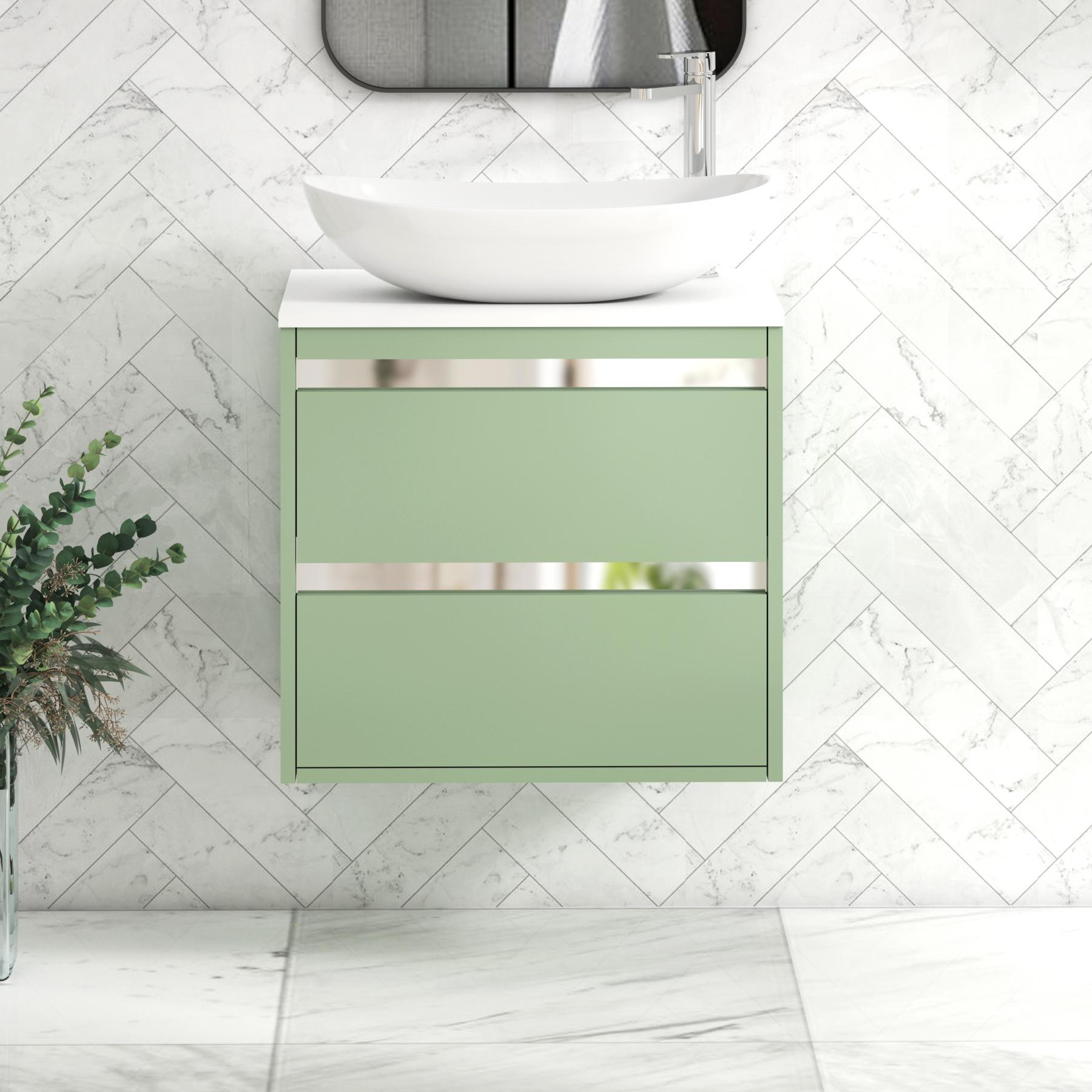 Orion 2 Drawer Mint Sage Wall Hung Vanity Unit with Plain White Top & Countertop Basin 