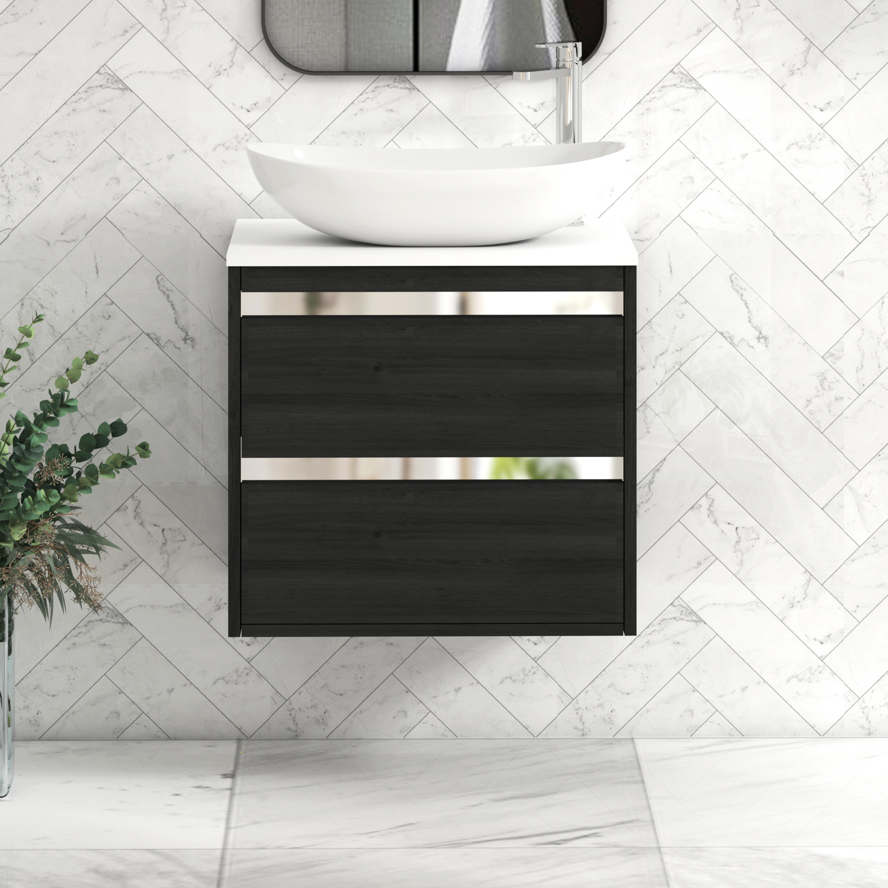 Orion 2 Drawer Hale Black Wall Hung Vanity Unit with Plain White Top & Countertop Basin 