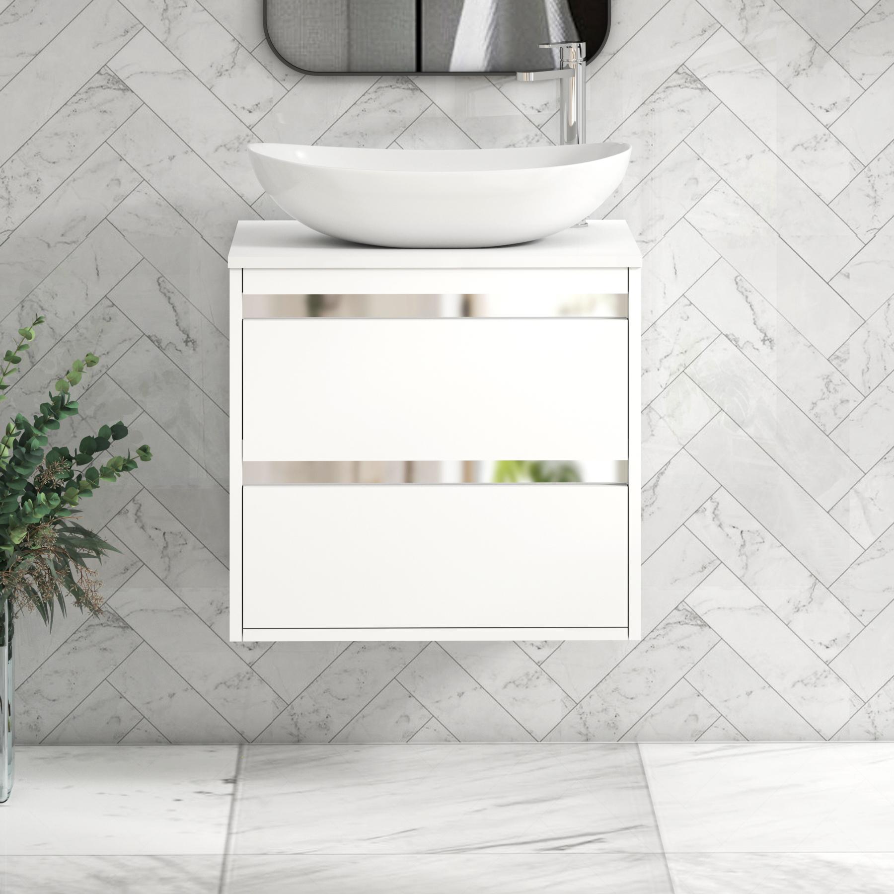 Orion 2 Drawer Matt White Wall Hung Vanity Unit with Plain White Top & Countertop Basin 