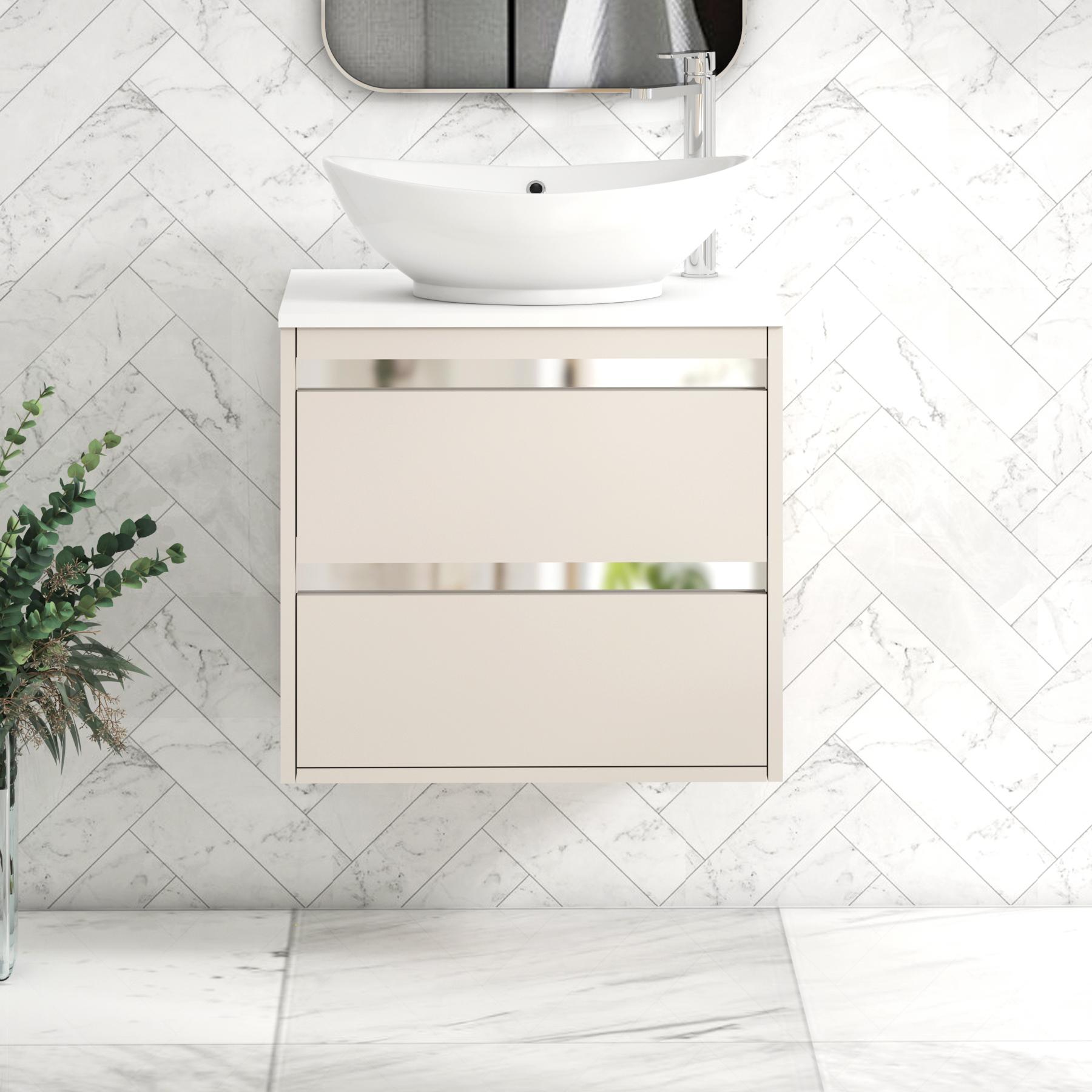 Orion 2 Drawer Warm Taupe Wall Hung Vanity Unit with Plain White Top & Countertop Basin 