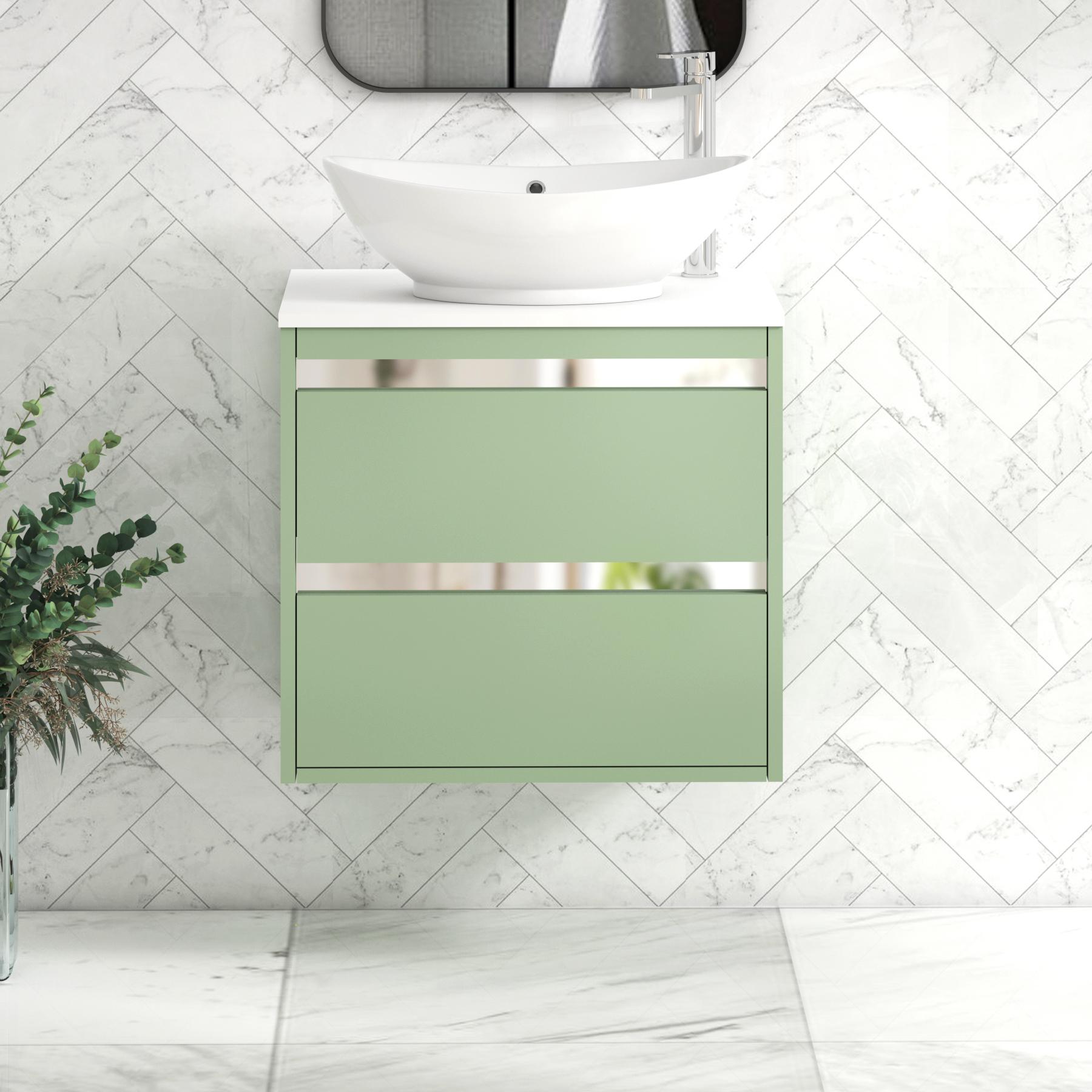 Orion 2 Drawer Mint Sage Wall Hung Vanity Unit with Plain White Top & Countertop Basin 