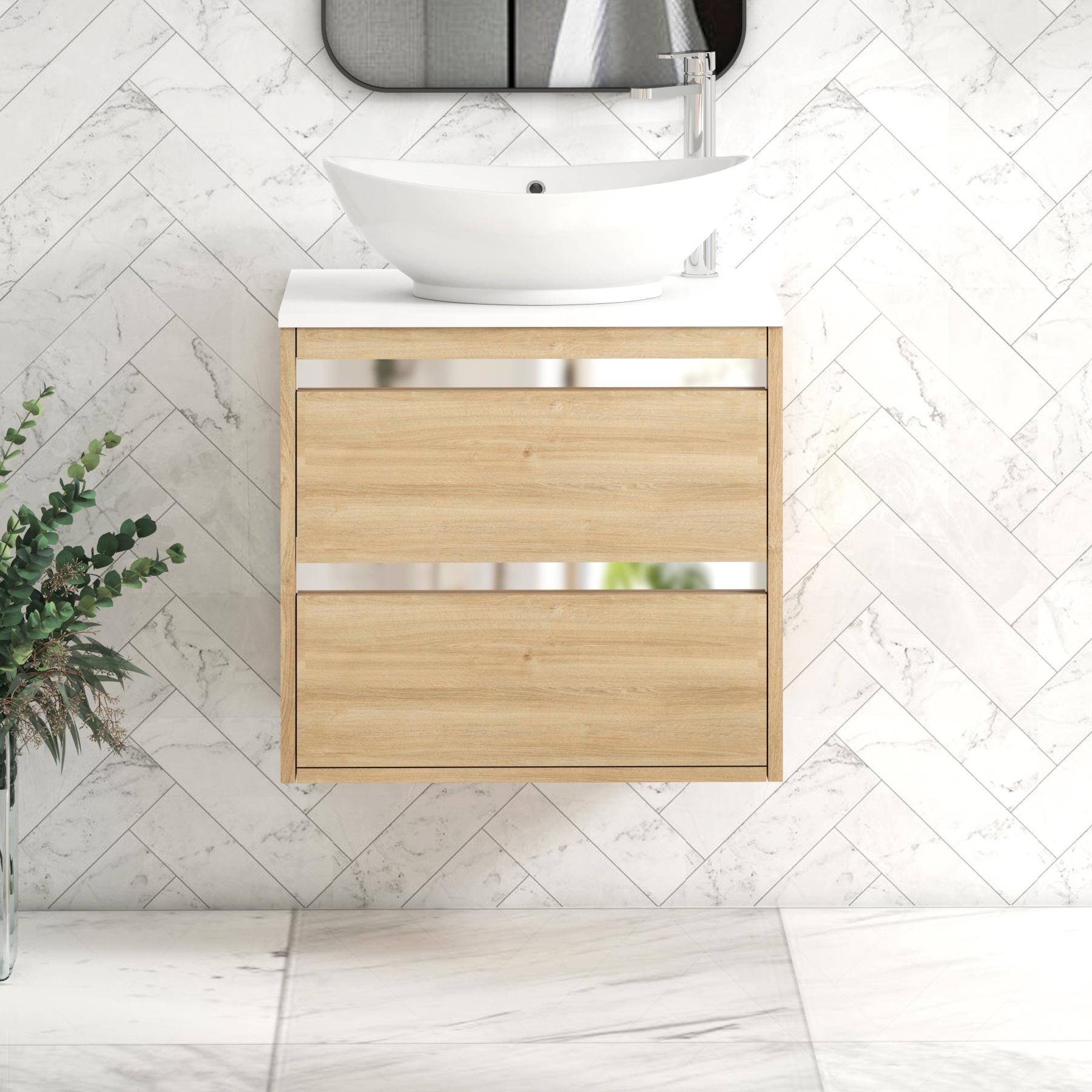 Orion 2 Drawer Natural Oak Wall Hung Vanity Unit with Plain White Top & Countertop Basin 