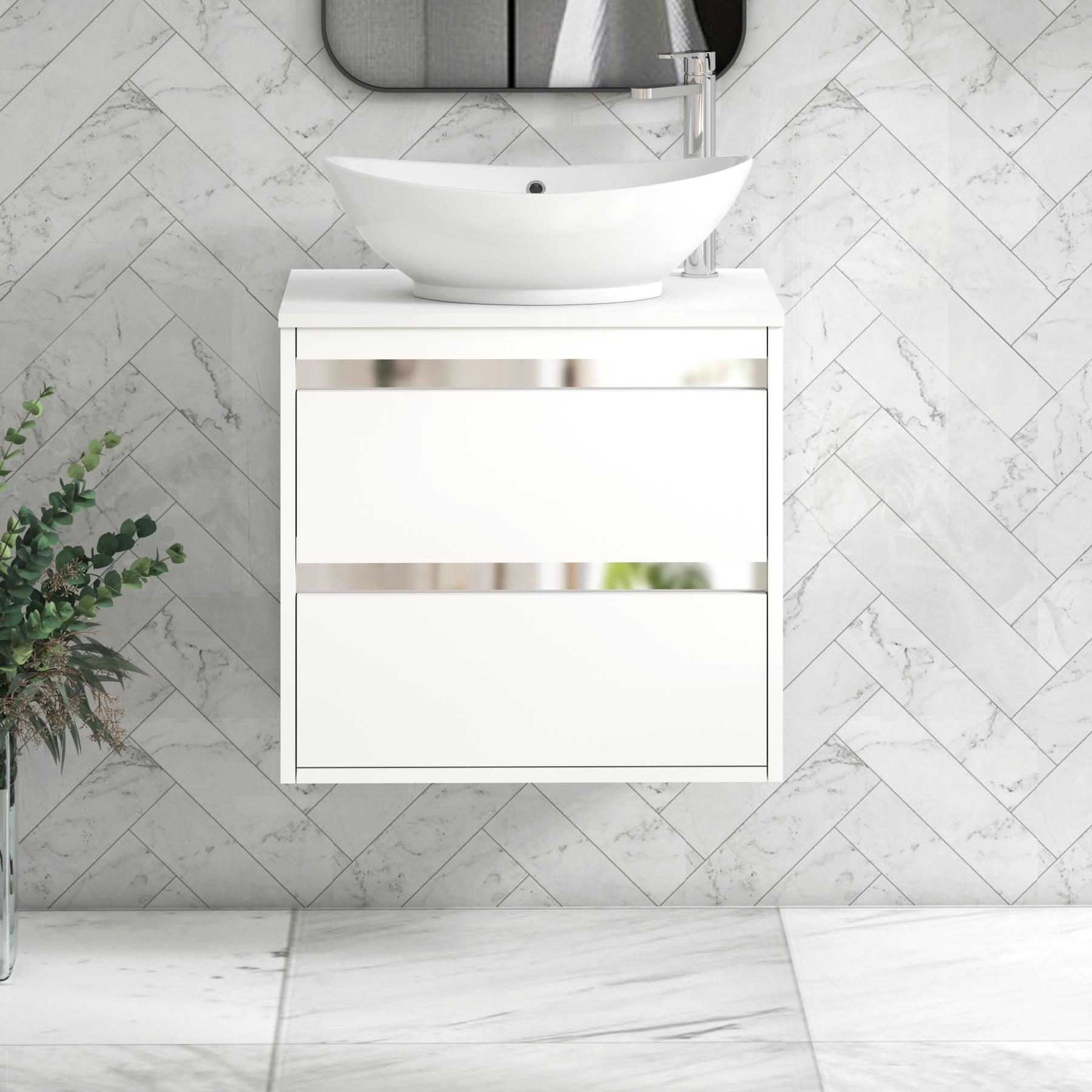 Orion 2 Drawer Matt White Wall Hung Vanity Unit with Plain White Top & Countertop Basin 