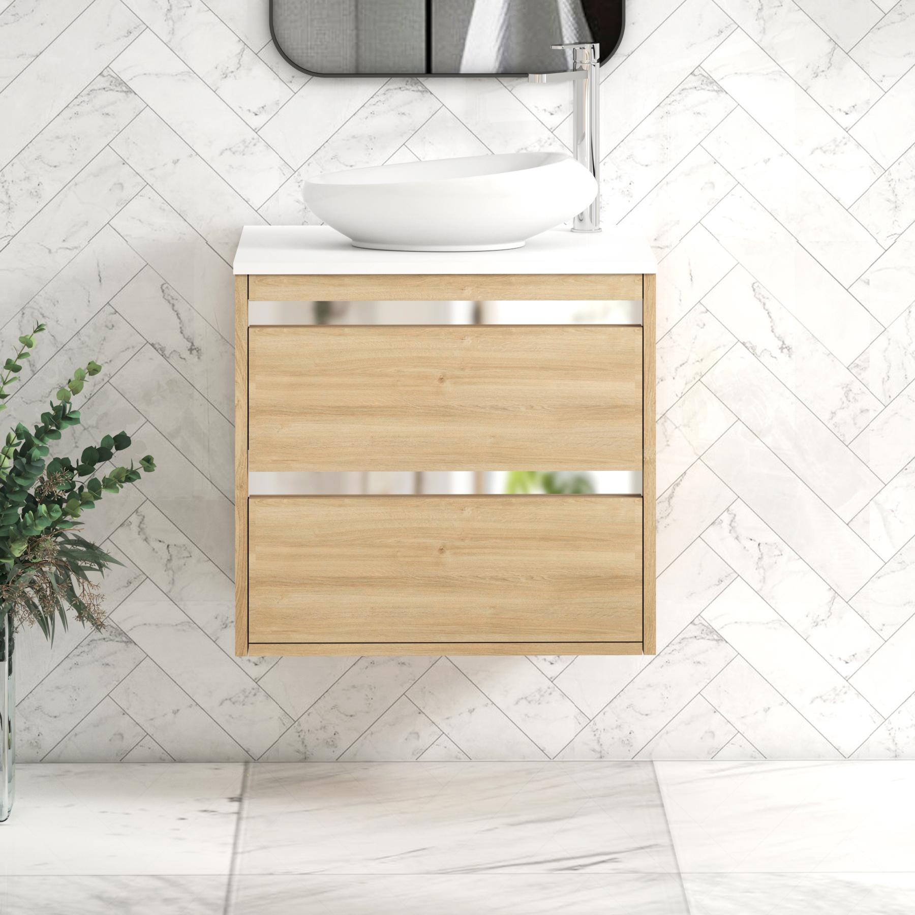 Orion 2 Drawer Natural Oak Wall Hung Vanity Unit with Plain White Top & Countertop Basin 