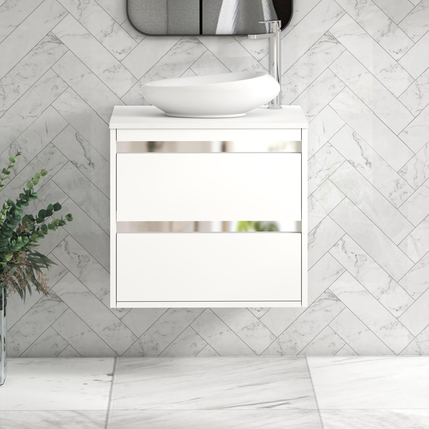 Orion 2 Drawer Matt White Wall Hung Vanity Unit with Plain White Top & Countertop Basin 