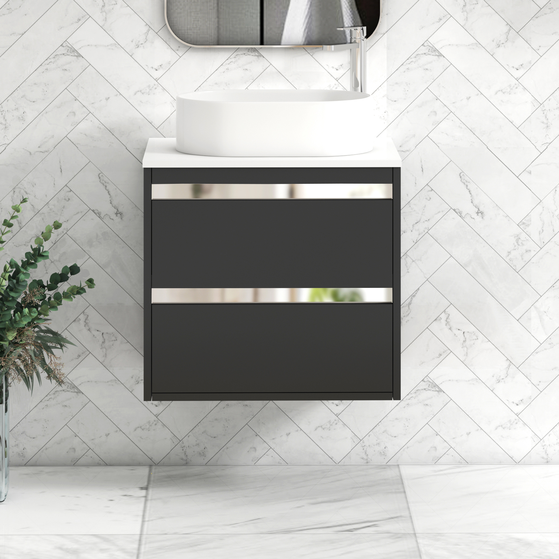 Orion 2 Drawer Matt Obsidian Black Wall Hung Vanity Unit with Plain White Top & Countertop Basin 