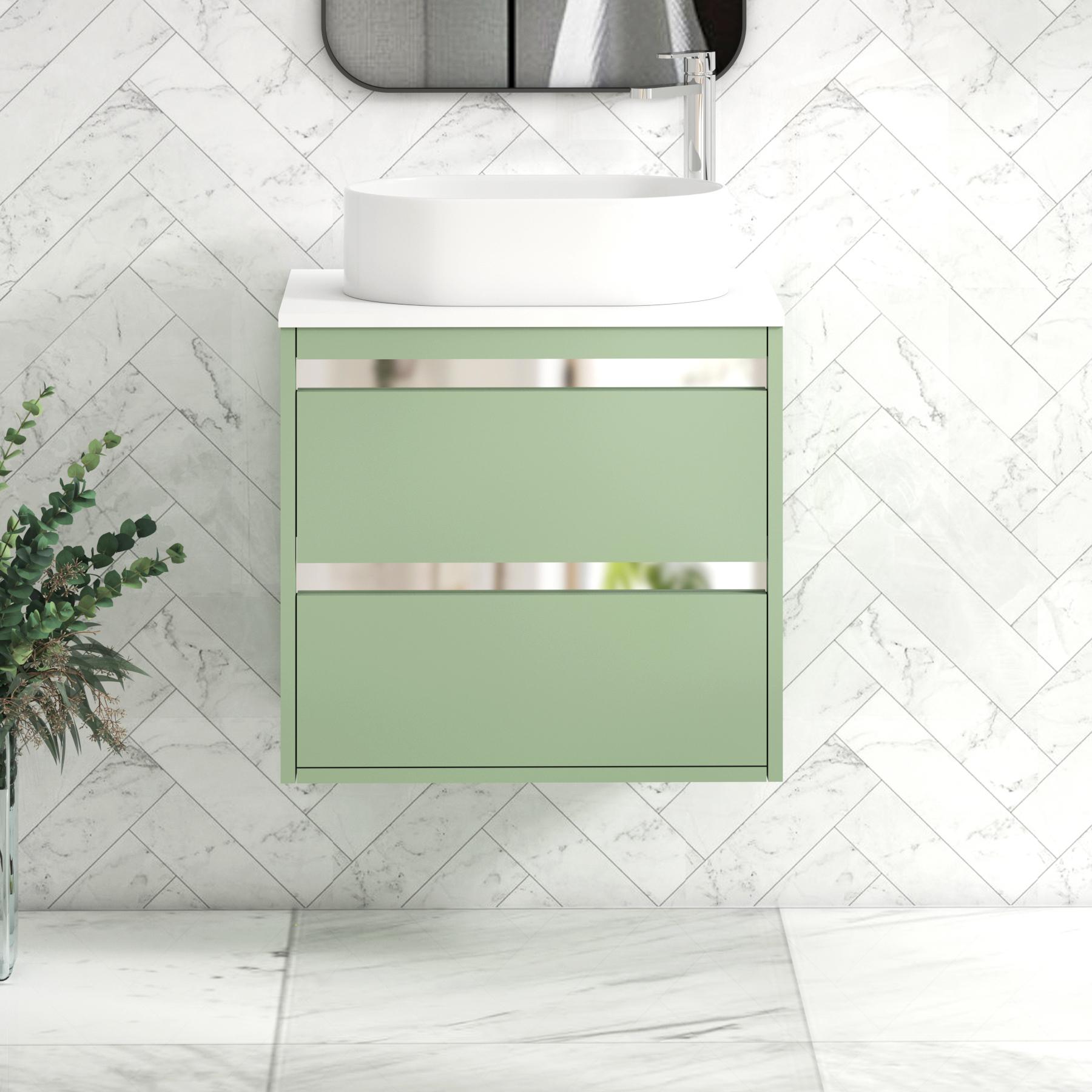 Orion 2 Drawer Mint Sage Wall Hung Vanity Unit with Plain White Top & Countertop Basin 