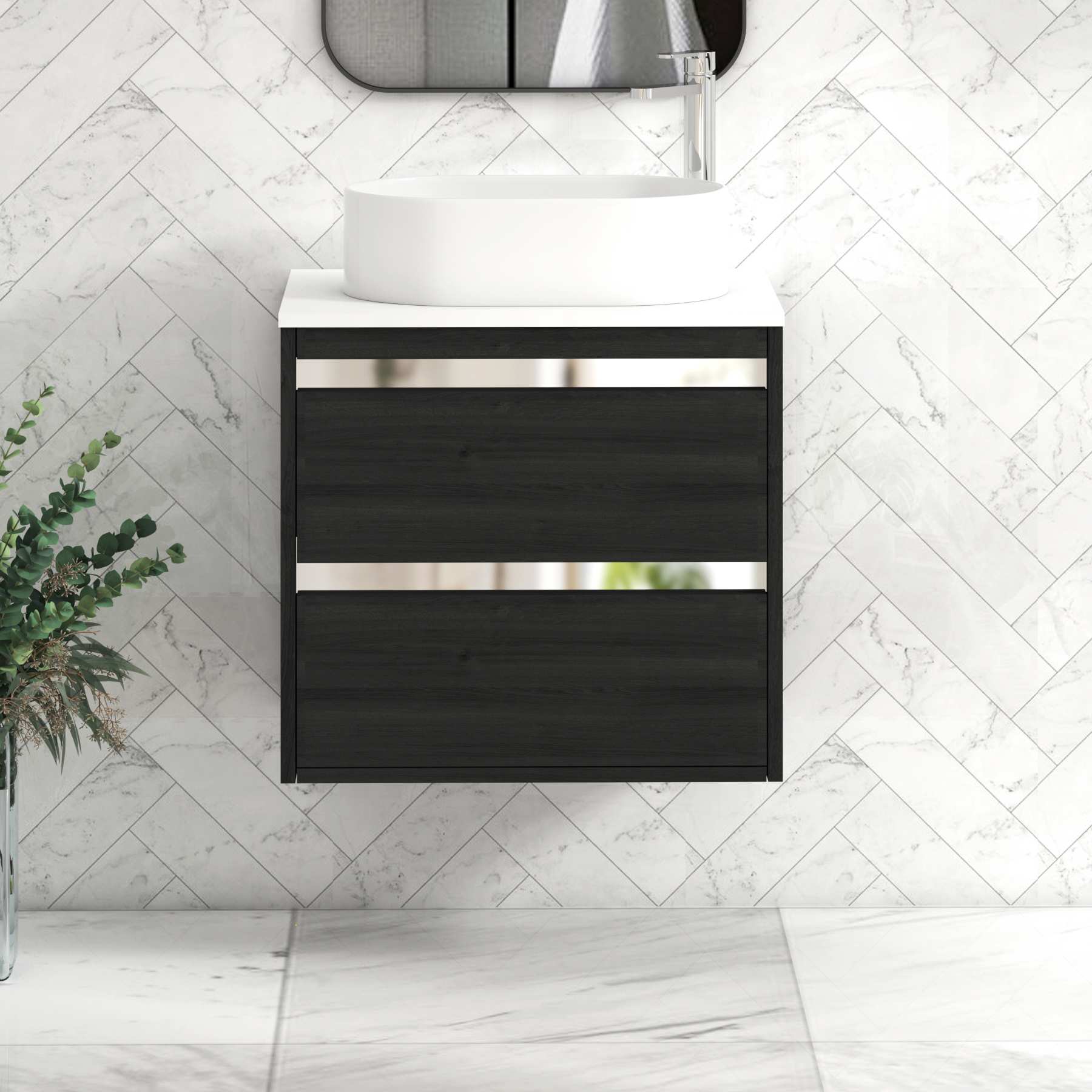 Orion 2 Drawer Hale Black Wall Hung Vanity Unit with Plain White Top & Countertop Basin 