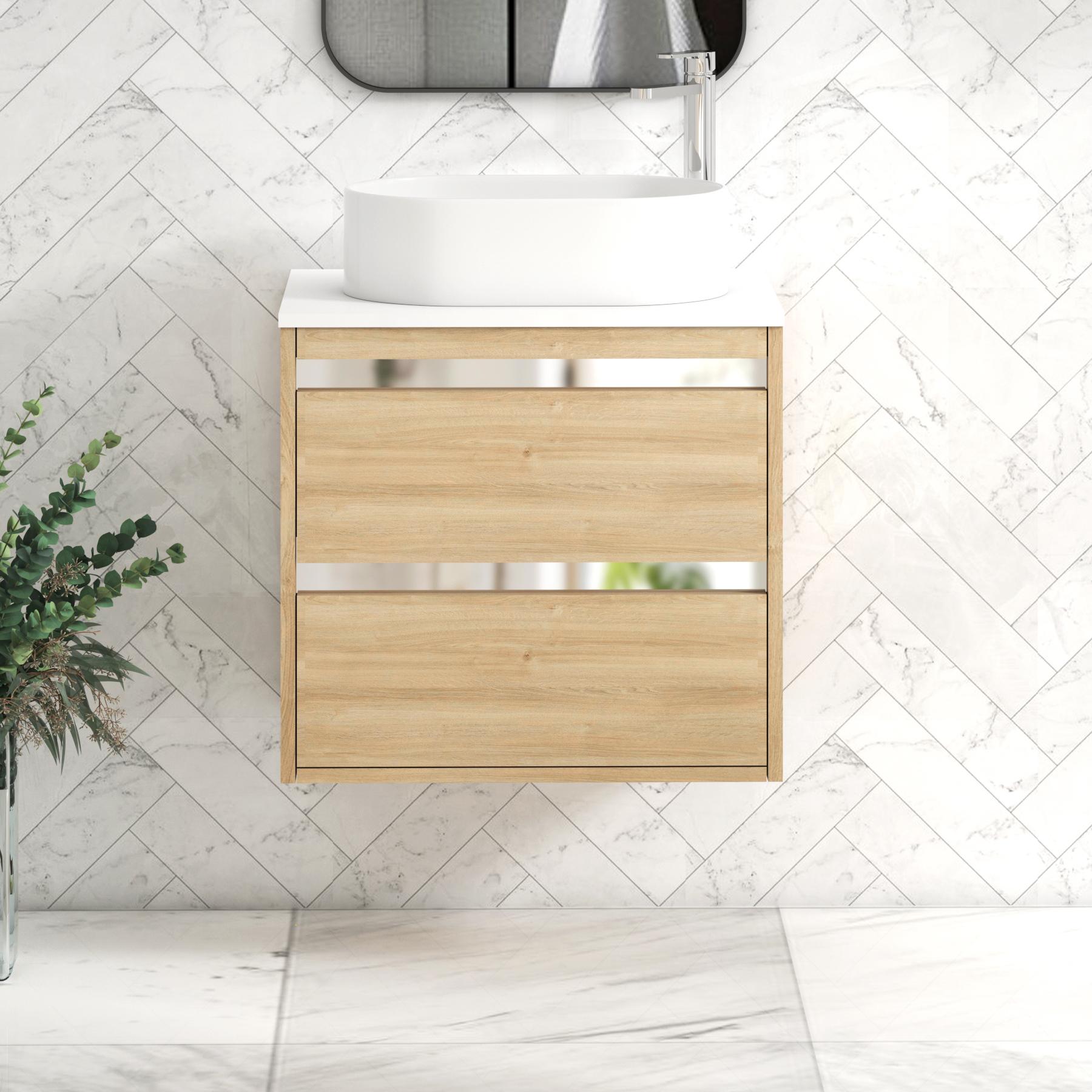 Orion 2 Drawer Natural Oak Wall Hung Vanity Unit with Plain White Top & Countertop Basin 