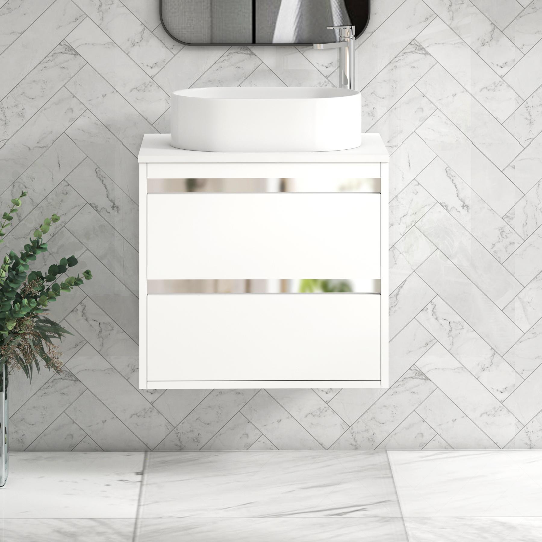 Orion 2 Drawer Matt White Wall Hung Vanity Unit with Plain White Top & Countertop Basin 