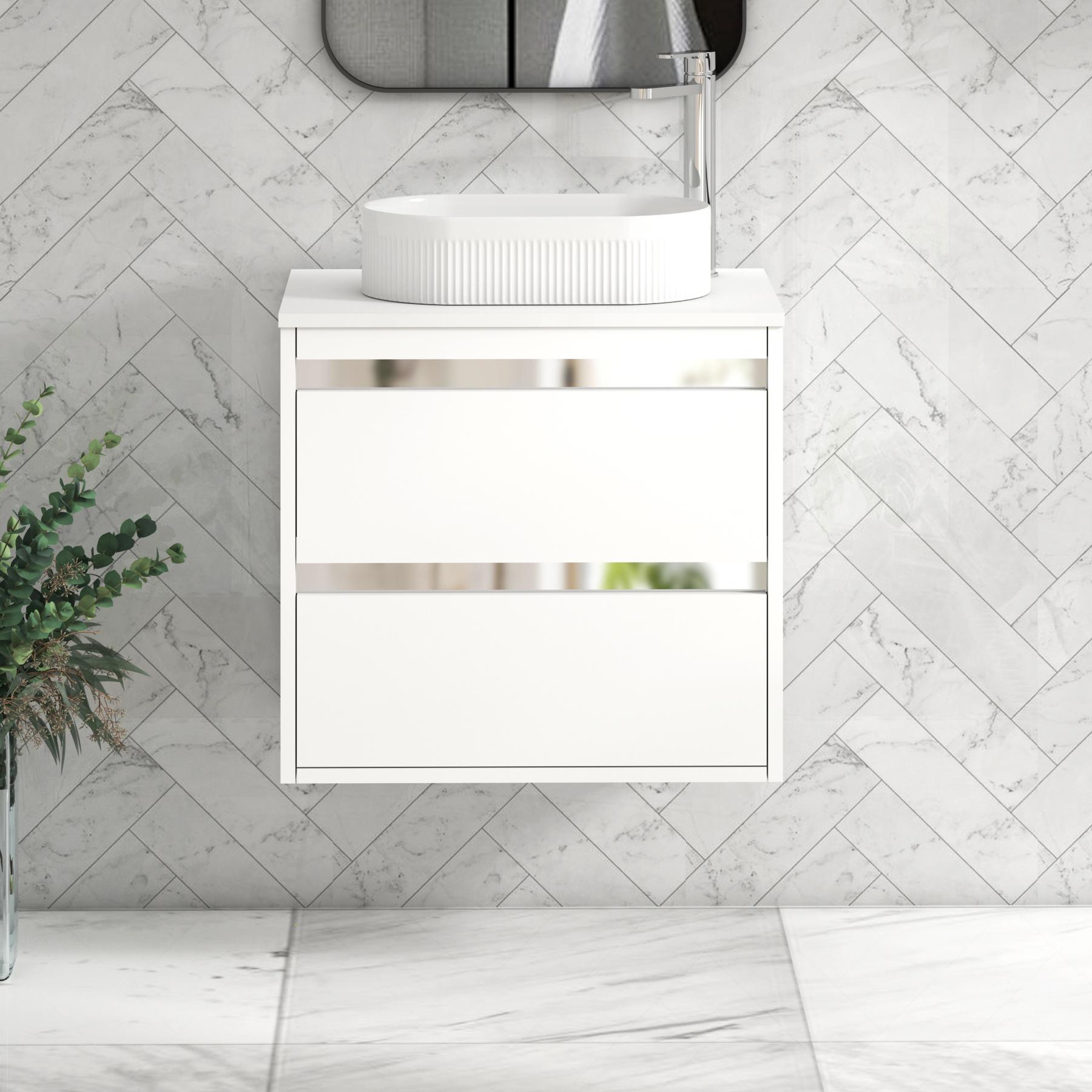 Orion 2 Drawer Matt White Wall Hung Vanity Unit with Plain White Top & Countertop Basin 