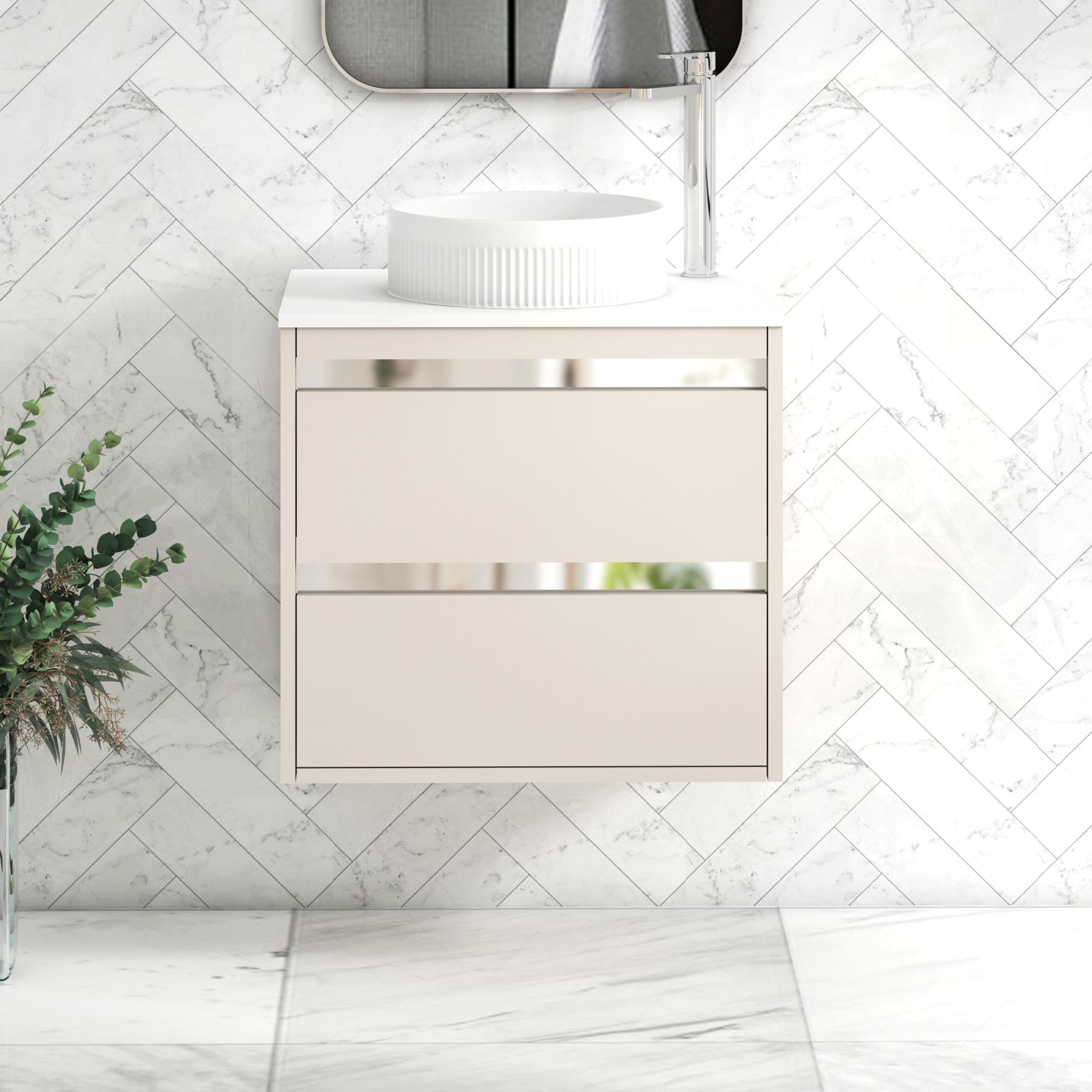 Orion 2 Drawer Warm Taupe Wall Hung Vanity Unit with Plain White Top & Countertop Basin 