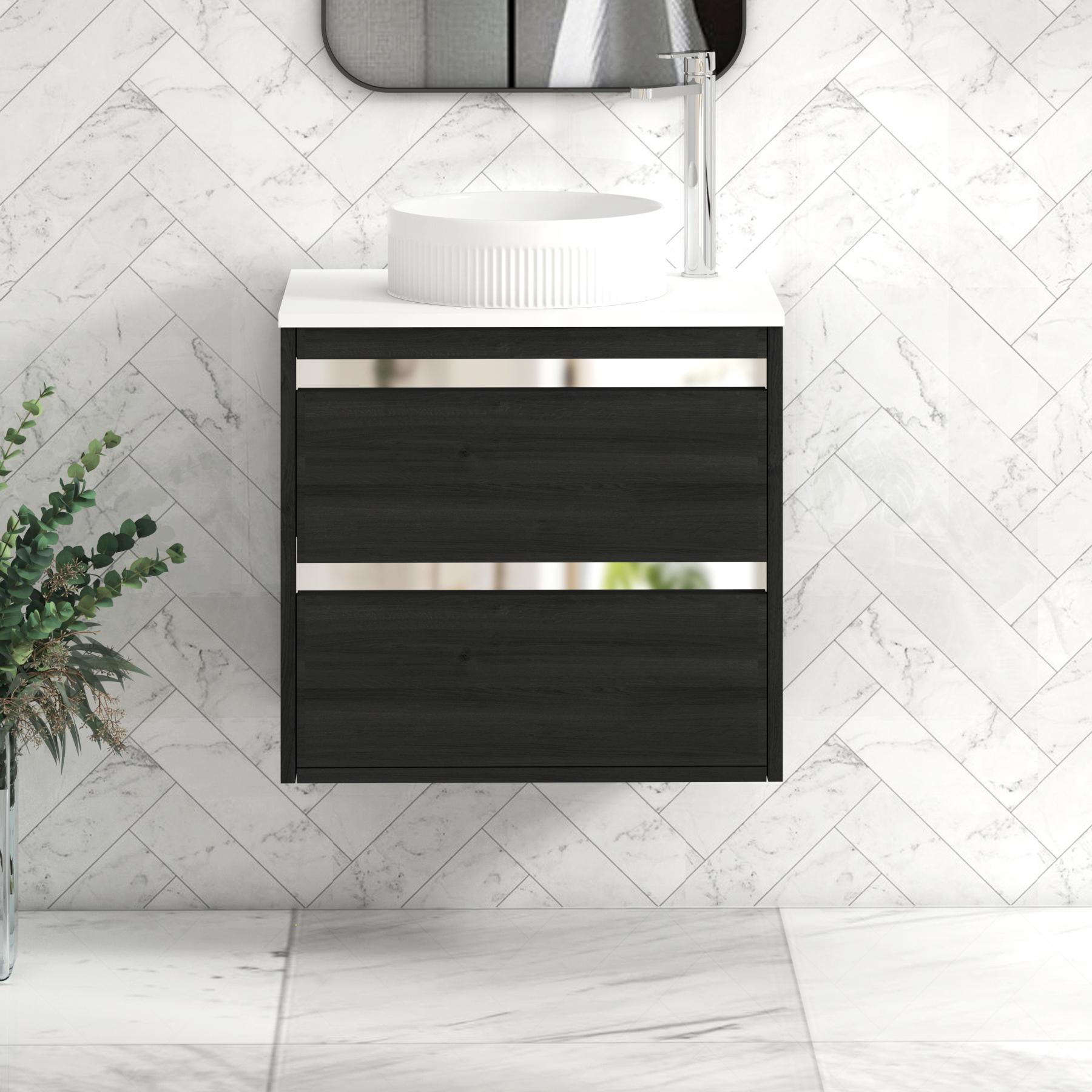 Orion 2 Drawer Matt Obsidian Black Wall Hung Vanity Unit with Plain White Top & Countertop Basin 