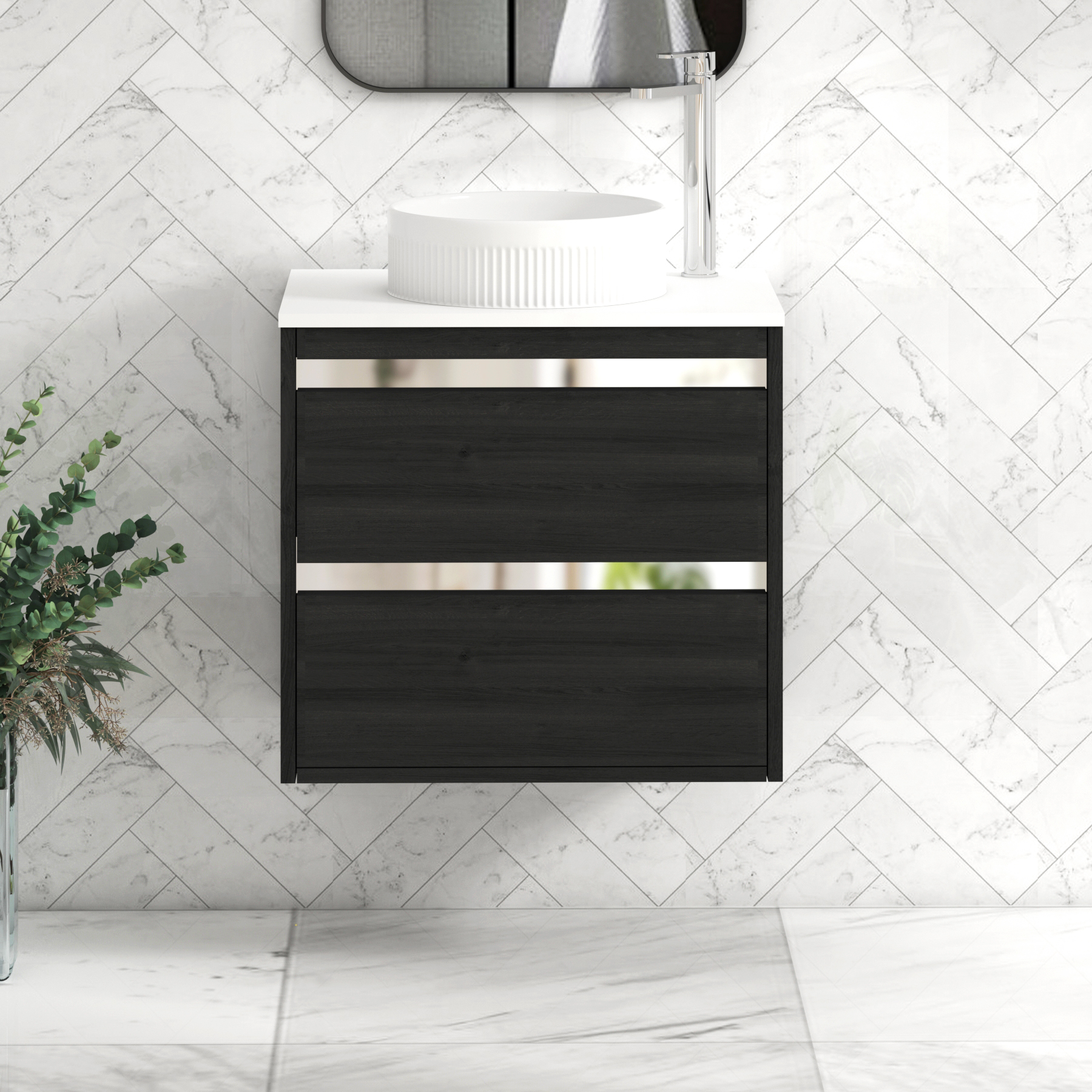 Orion 2 Drawer Hale Black Wall Hung Vanity Unit with Plain White Top & Countertop Basin 