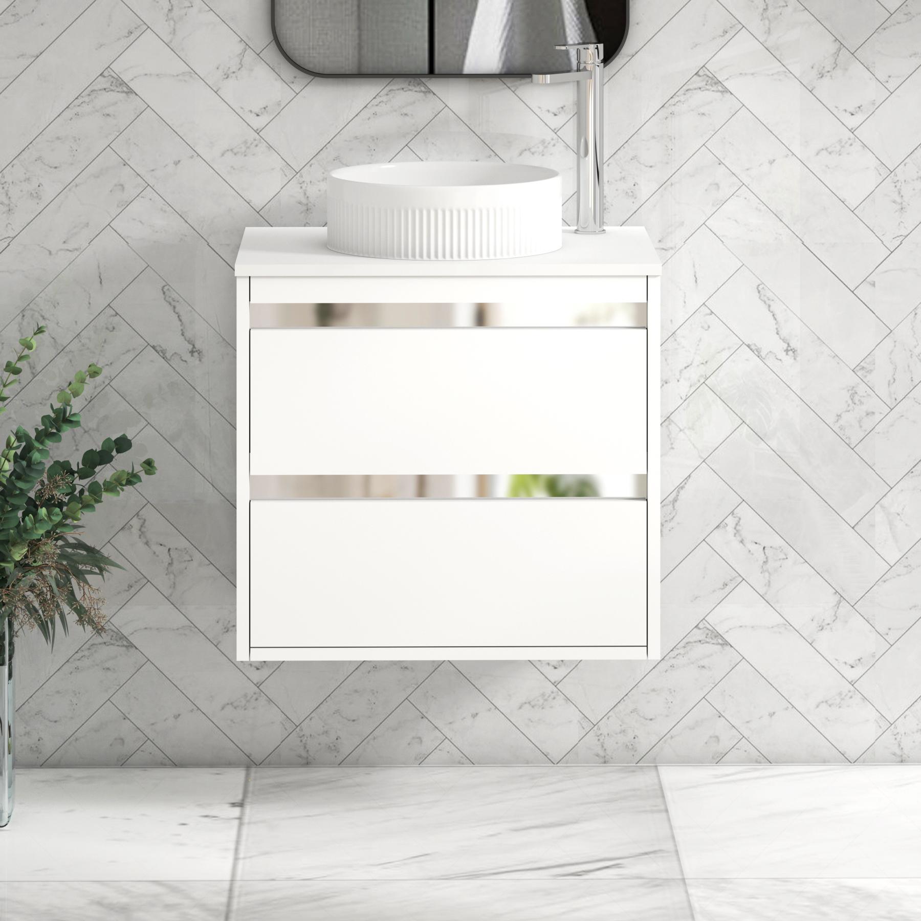 Orion 2 Drawer Matt White Wall Hung Vanity Unit with Plain White Top & Countertop Basin 