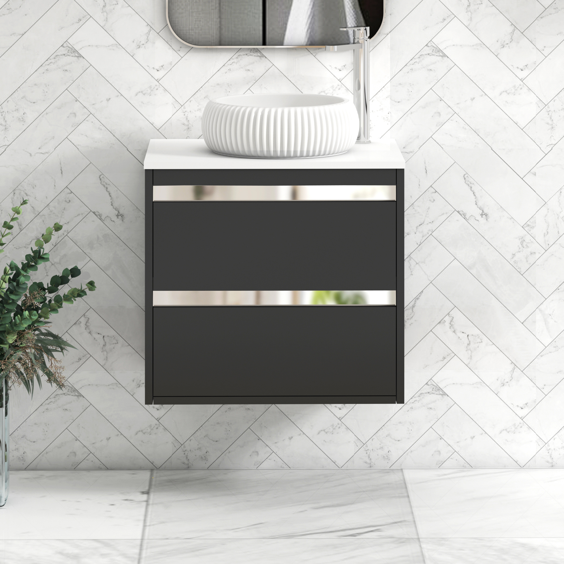 Orion 2 Drawer Matt Obsidian Black Wall Hung Vanity Unit with Plain White Top & Countertop Basin 