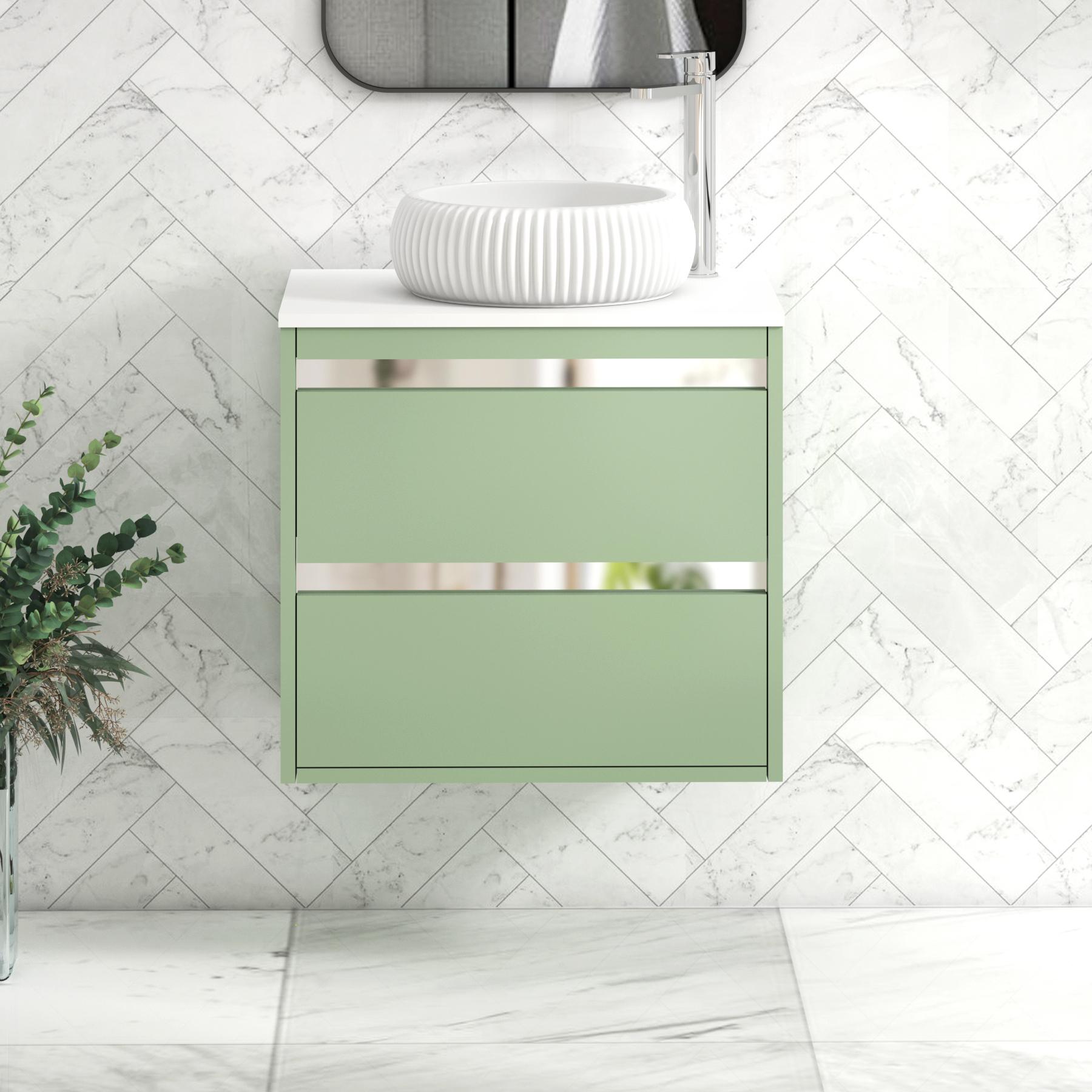 Orion 2 Drawer Mint Sage Wall Hung Vanity Unit with Plain White Top & Countertop Basin 