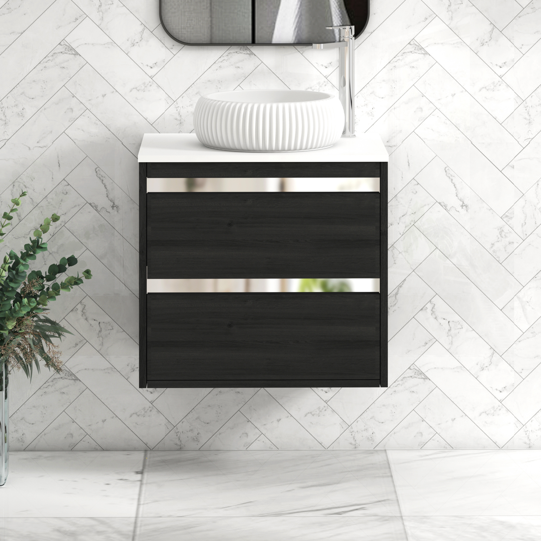 Orion 2 Drawer Hale Black Wall Hung Vanity Unit with Plain White Top & Countertop Basin 